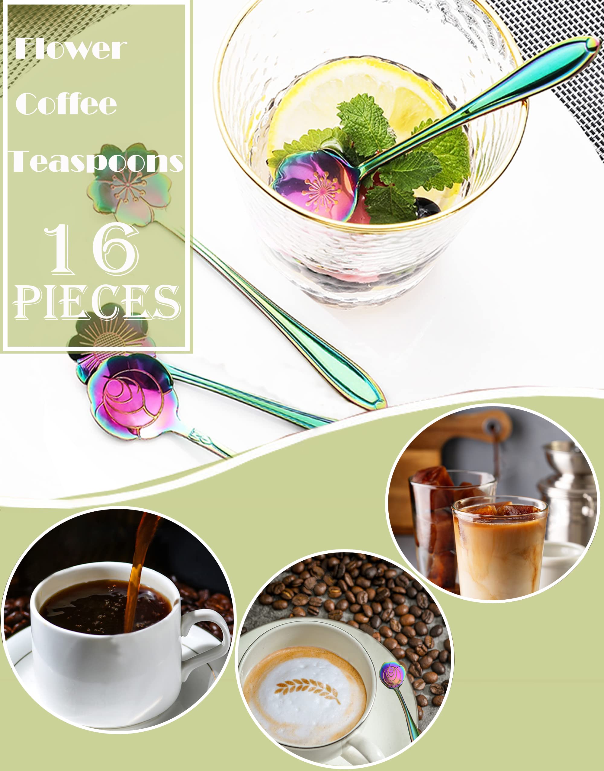16 Pcs Teaspoon Tea Spoons, Esrise Stainless Steel Flower Coffee Dessert Spoon, Cute Demitasse Spoon For Drink Milkshake (Multi)