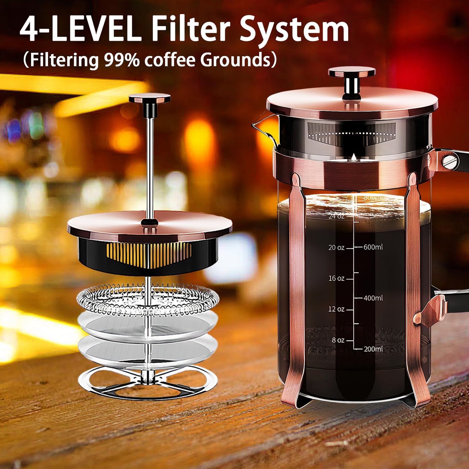 Ymmind French Press Coffee Maker 304 Stainless Steel Coffee Press,With 4 Filters System, Heat Resistant Thickness Borosilicate F