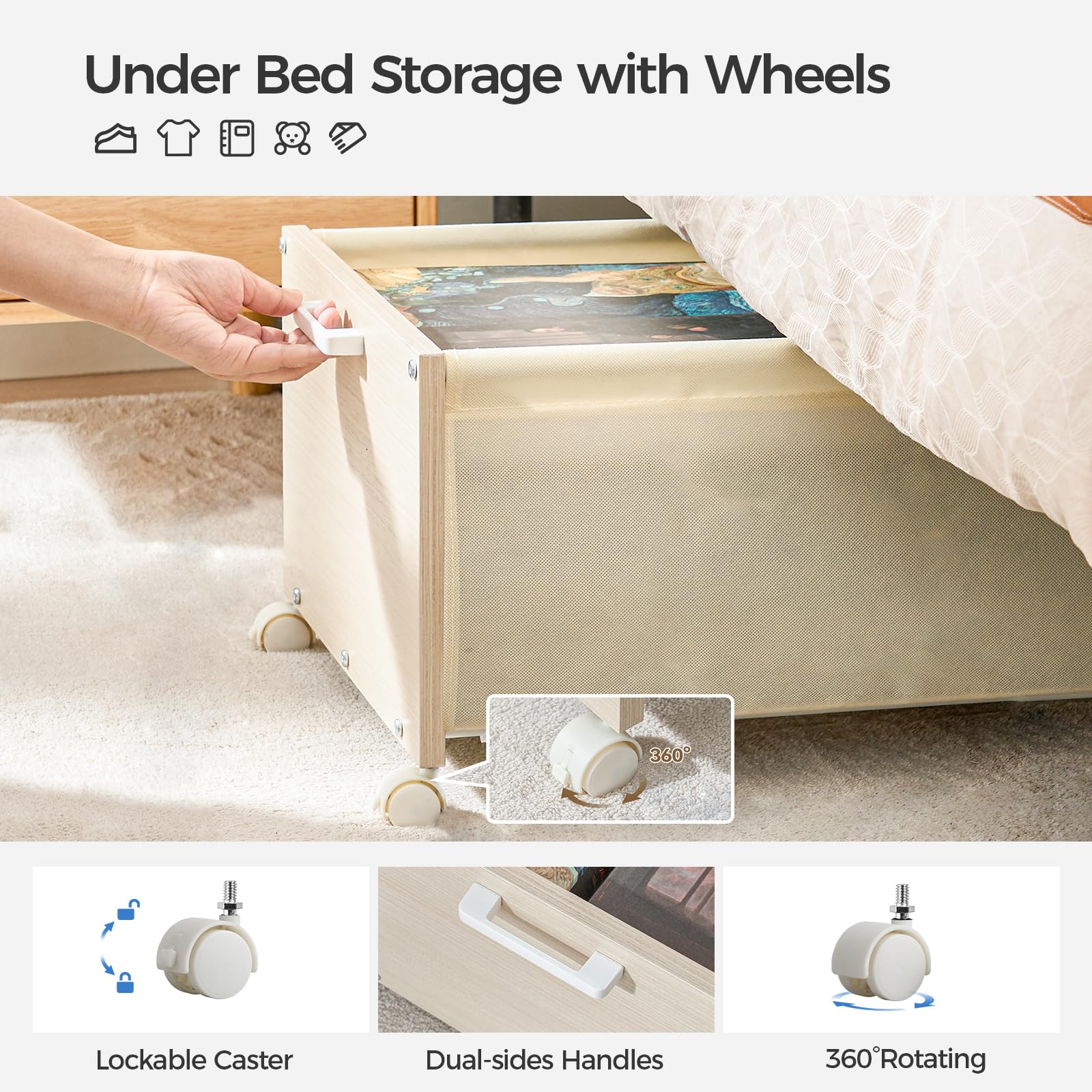 FOUCSSOMEI Under Bed Storage with Wheels, Under Bed Drawers Heavy Duty, 2 Packs, Wooden Under Bed Storage Containers Organizer,