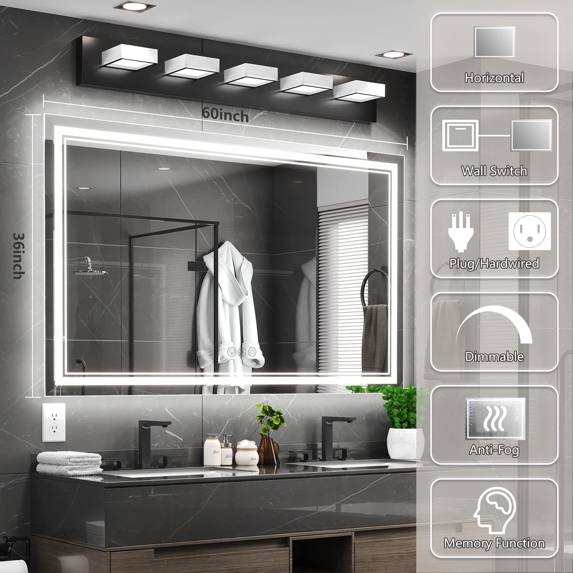 Ratsamee 60X36 Inch Led Mirror For Bathroom With Front Light And Backlit, Dimmable Anti Fog Wall Bathroom Mirror With Led Lights