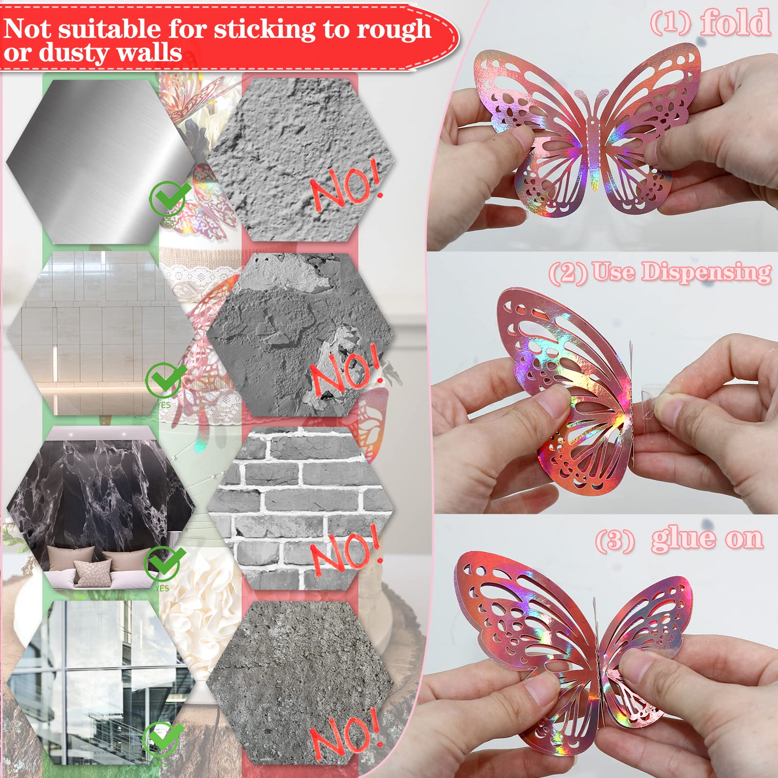 60 Pcs 3D Butterfly Wall Decor Stickers Iridescent Rose Gold Butterfly Decorations Party  Holographic Butterflies Decor Butterfly Decals for Kids Bedroom Classroom Wedding Decor DIY Gift