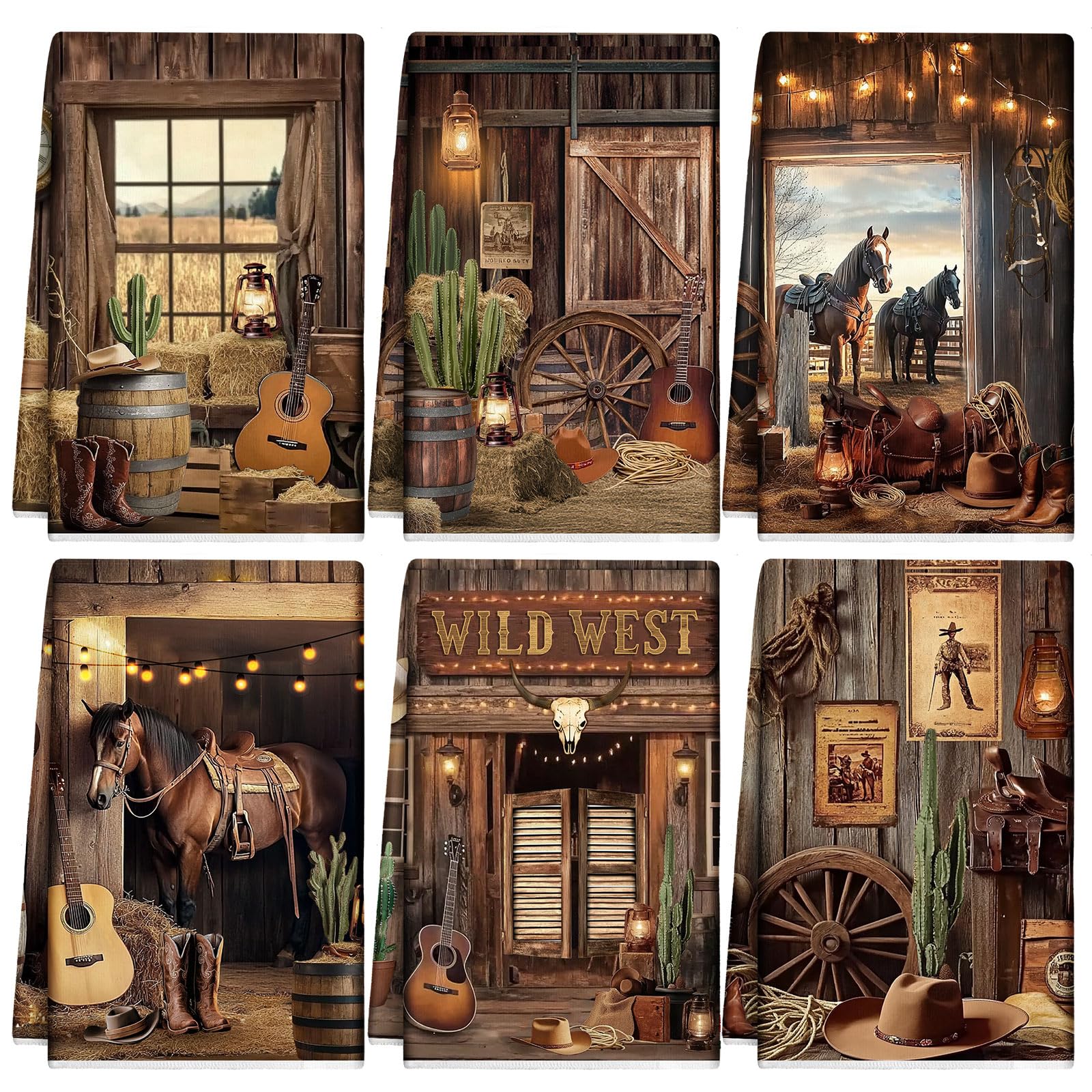 6 Pcs Western Cowboy Scene Kitchen Towel Wooden House Barn Vintage Themed Dish Towel Bathroom Decorative Rustic Cloths for Kitch
