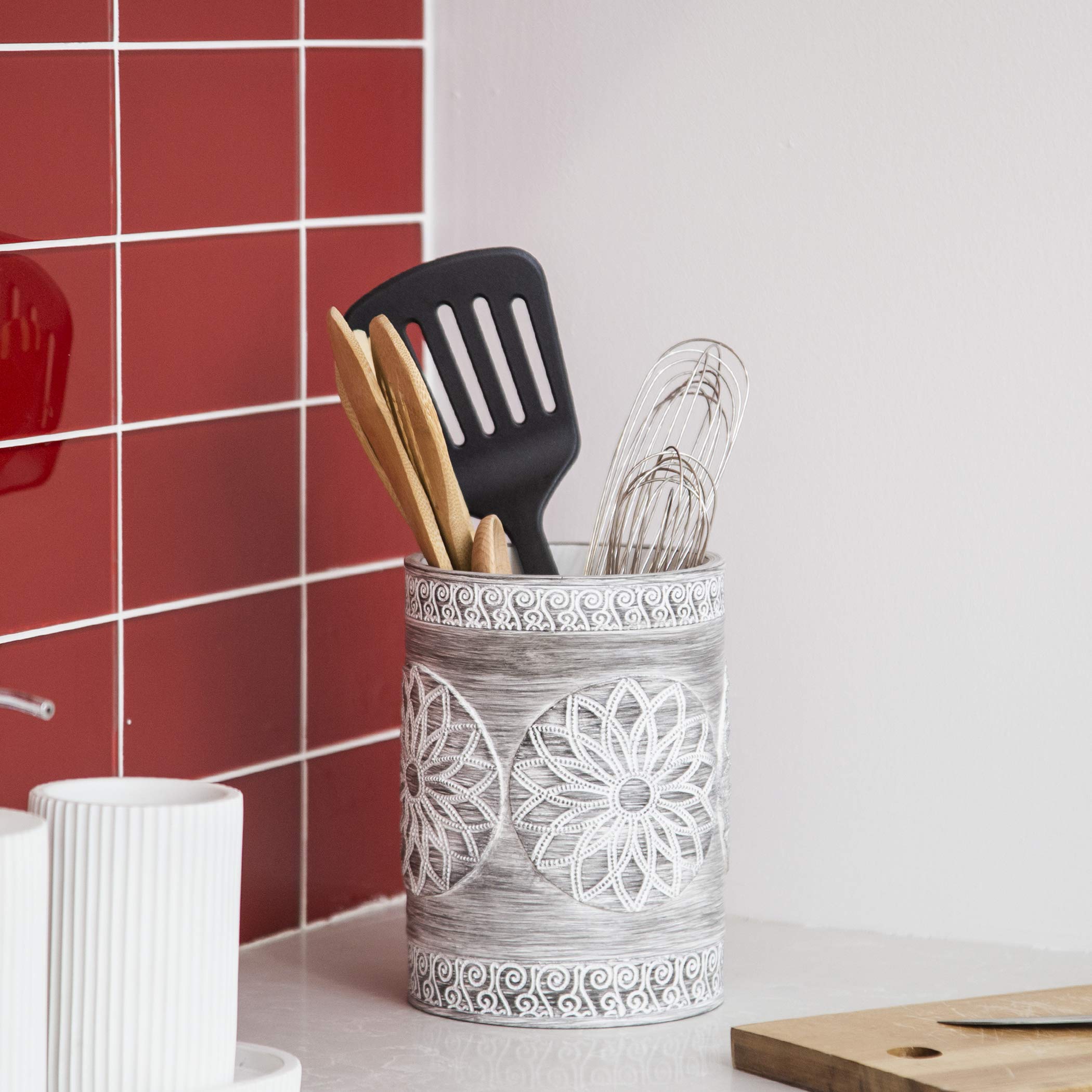 Bino Kitchen Utensil Holder For Countertop, Grey Sunflower - Utensil Caddy Countertop Utensil Holder Utensil Crocks For Kitchen
