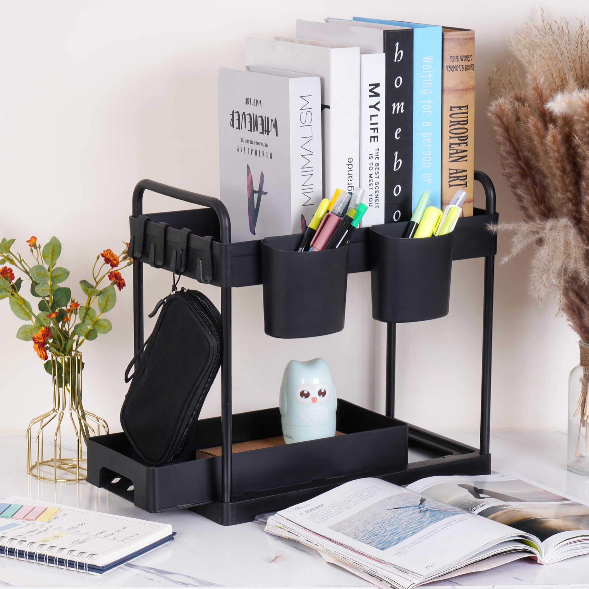 2 Pack Under Kitchen Sink Organizers Storage, 2-Tier Sliding Under Bathroom Cabinet Storage Drawer Organizer With Hooks, Hanging