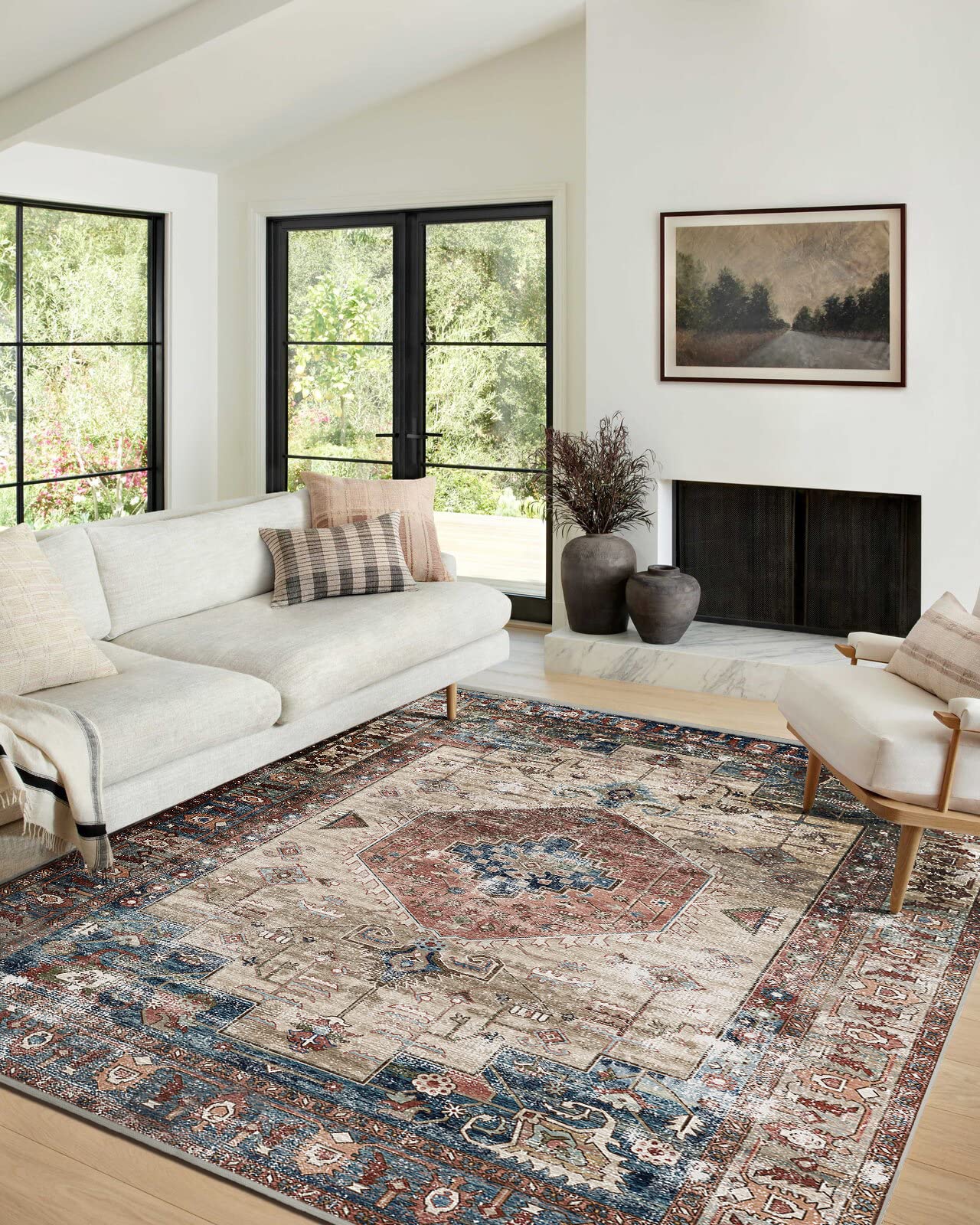 Vivorug Machine Washable Tribal Area Rug, 6x9, Distressed Medallion, Brick Red/Navy