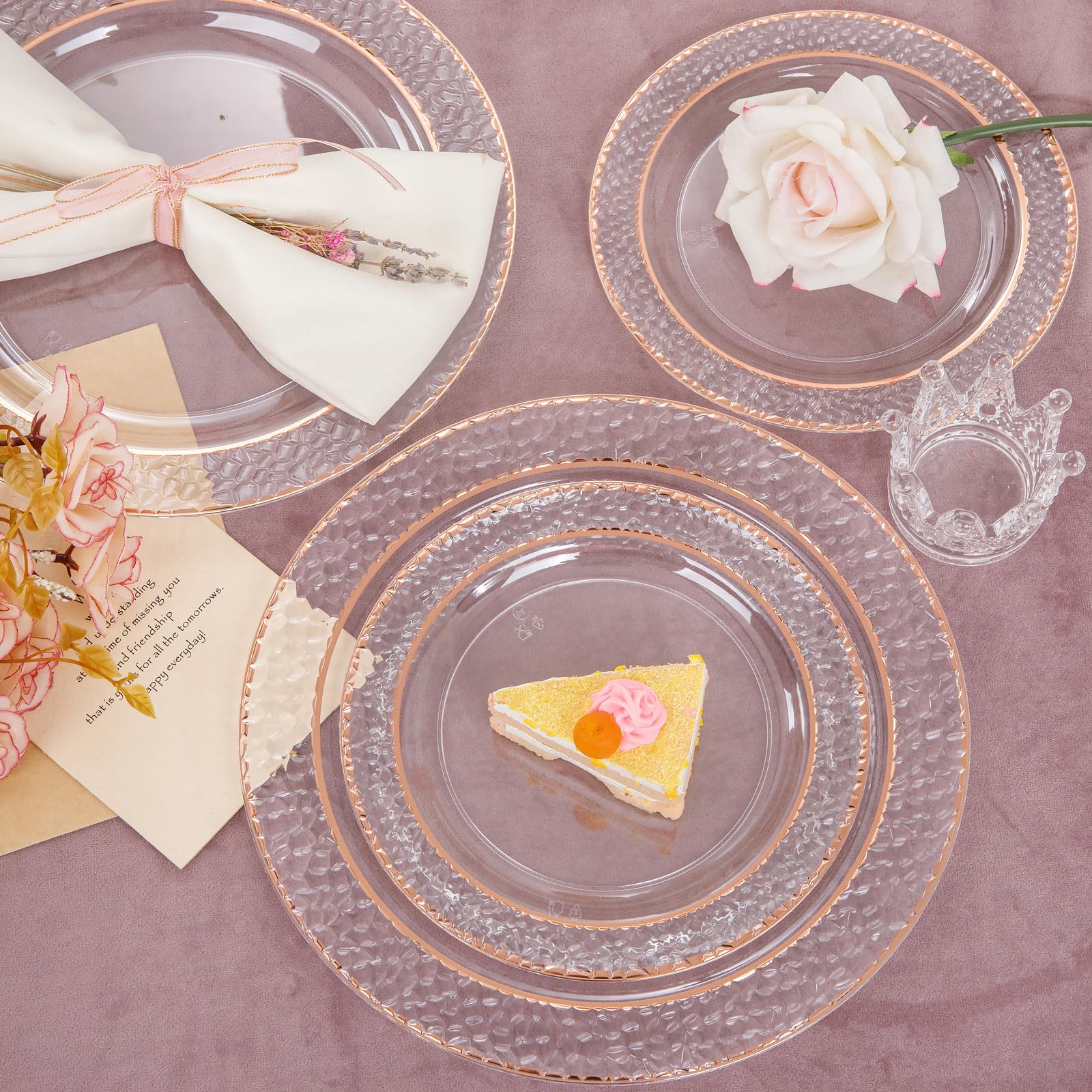 Joyido 102Pcs Rose Gold Plastic Plates - Clear Rose Gold Disposable Plates Include 51Pcs 7.5Inch Dessert Plates 51Pcs 10.25Inch