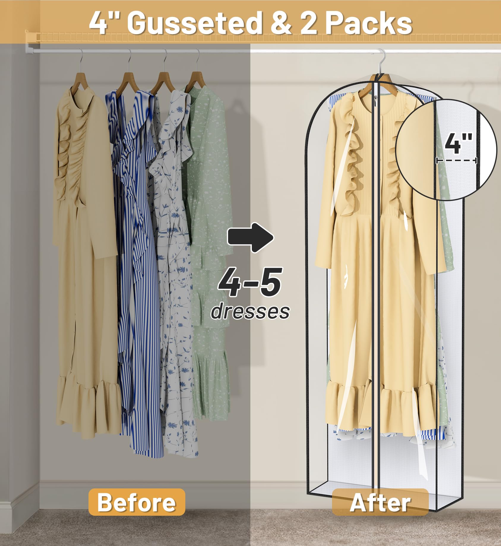 Misslo 65'' Clear Garment Bags For Hanging Clothes 4'' Gusseted Dress Bags For Gowns Long Dress Cover For Closet Storage Dress P