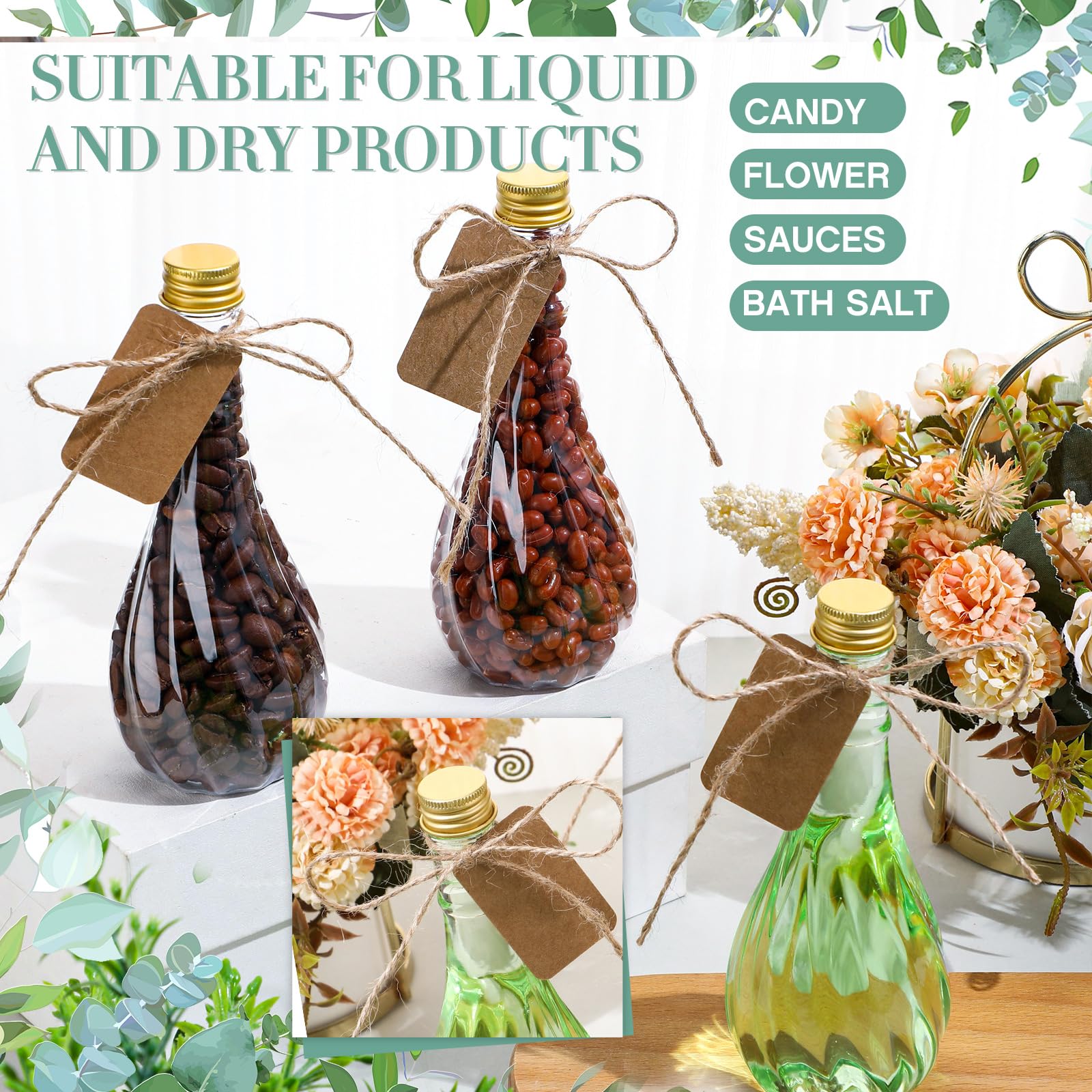 Lounsweer 30 Pack 5 oz Plastic Potion Bottles with Caps Clear Sand Art Bottles with Twine and Tags Souvenir Jars Bulk Wish Candy