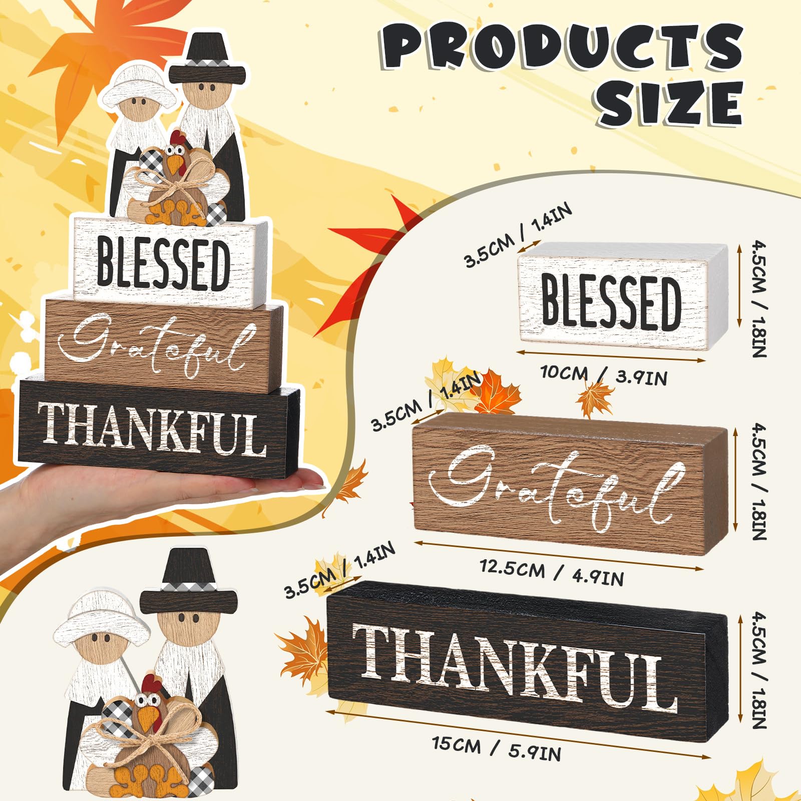 4 Pcs Thanksgiving Table Decor for Home Pilgrim Couple Wooden Signs with Blessed Thanksgiving Autumn Tiered Tray Decor Turkey Ta