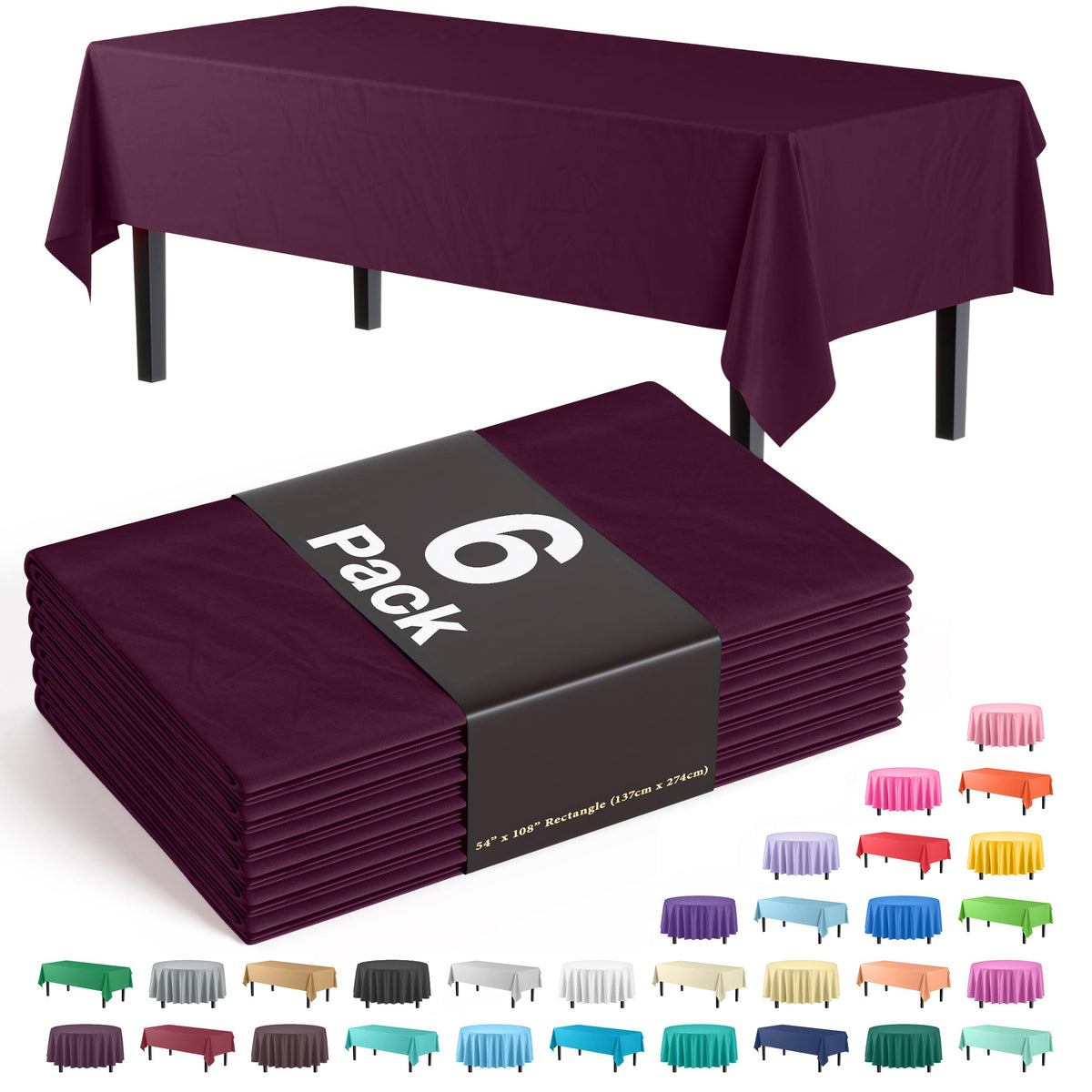 Exquisite 6-Pack Premium Plastic Tablecloth 54In. X 108In. Rectangle Plastic Table Cover - Plum