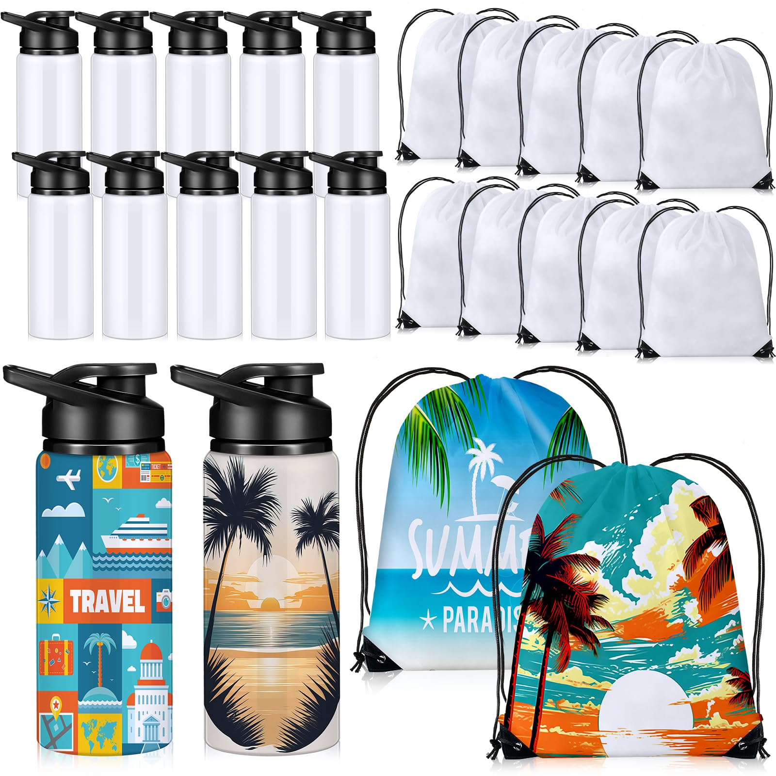 Blushtier 12 Set 20 oz Sublimation Aluminum Water Bottle and Sublimation Drawstring Bags Blank Metal White Sport Water Bottle wi