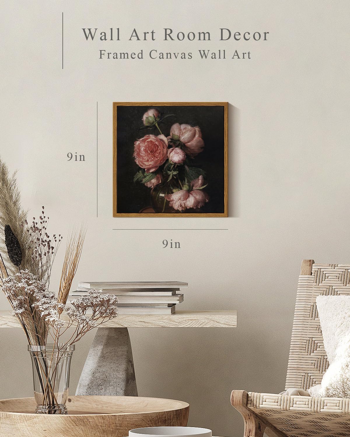 Insimsea Square Framed Canvas Wall Art, Vintage Peony Flower Paintings, Floral Wall Pictures For Bedroom Bathroom Living Room, C