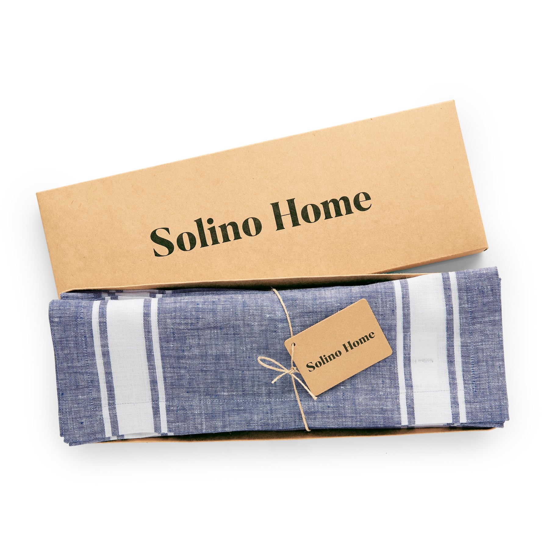 Solino Home Stripe Linen Blue And White Table Runner 120 Inches Long - 100% Pure Linen Farmhouse Stripe Dining Table Runner 14 X
