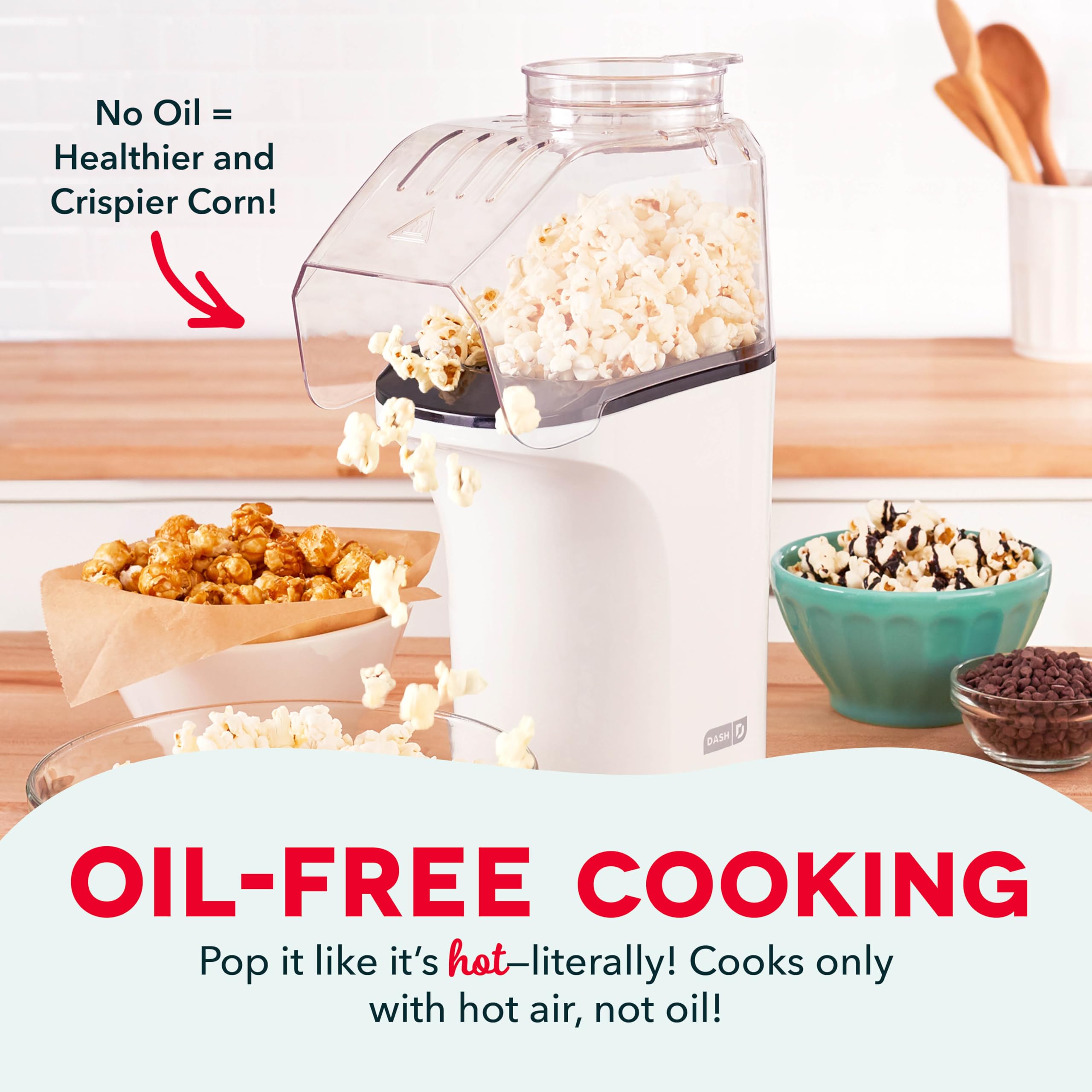 Dash Hot Air Popcorn Popper Maker With Measuring Cup To Portion Popping Corn Kernels + Melt Butter, 16 Cups - White