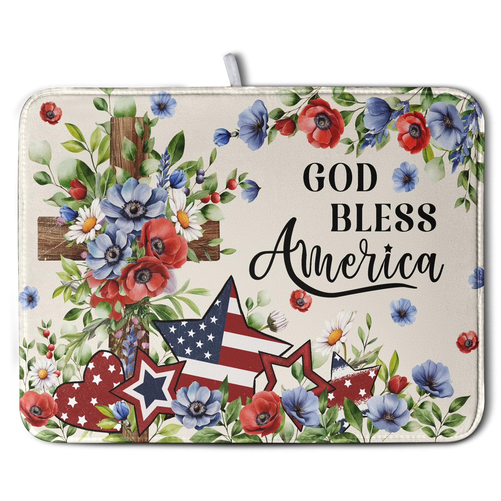 4th of July Drying Mat for Kitchen Counter Patriotic Floral Cross Stars Dish Drying Pad Independence Day Absorbent Microfiber Wa