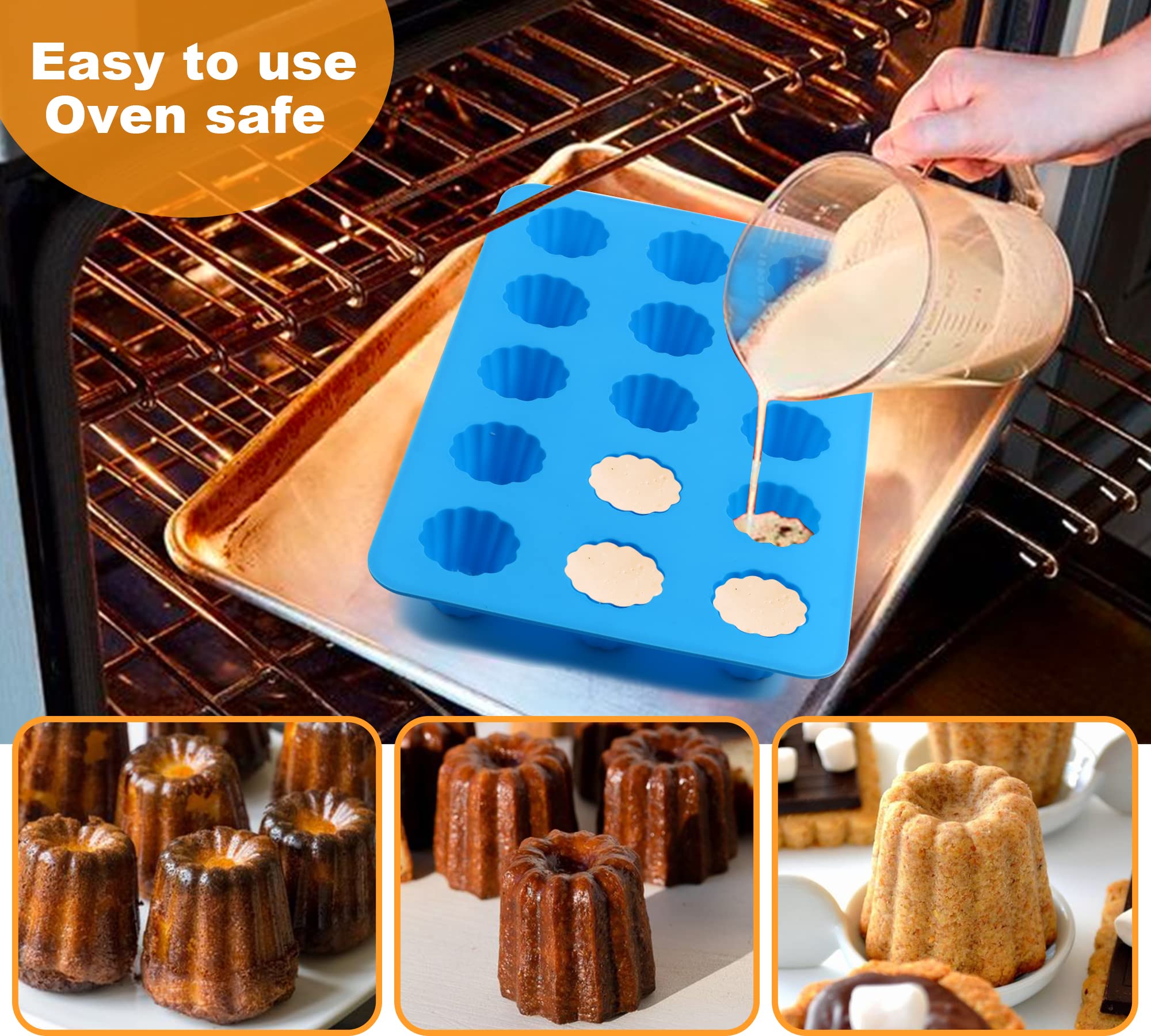 Sidosir 2Pcs Canele Mold Silicone, 15-Cavity Mini Nonstick Canele Silicone Baking Cake Pan For Bread Muffin (15-Cavity)