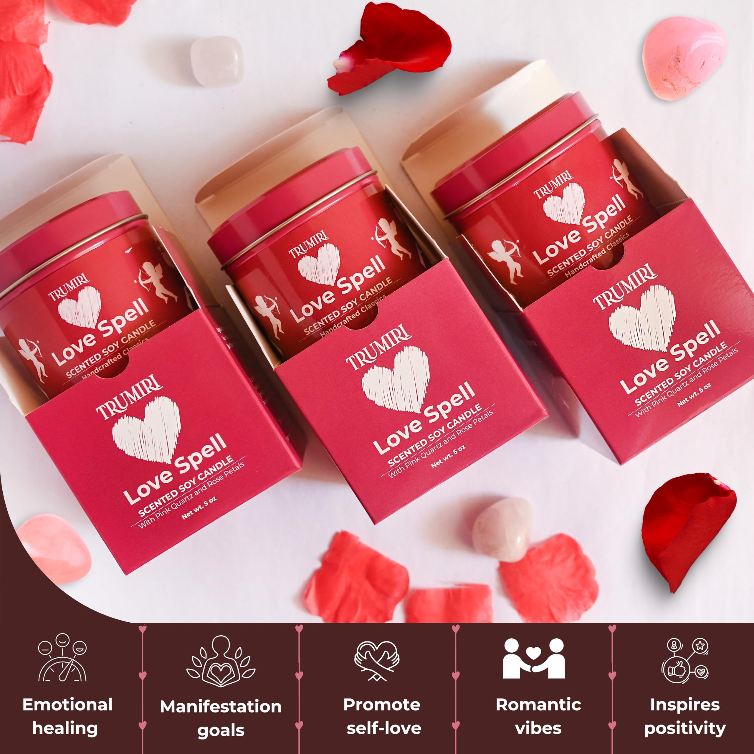 Love Spell - Scented Candles for Women & Men with Rose Petals and Crystals - Pack of 3 x 5oz Soy Clean Organic Non Toxic - Velas