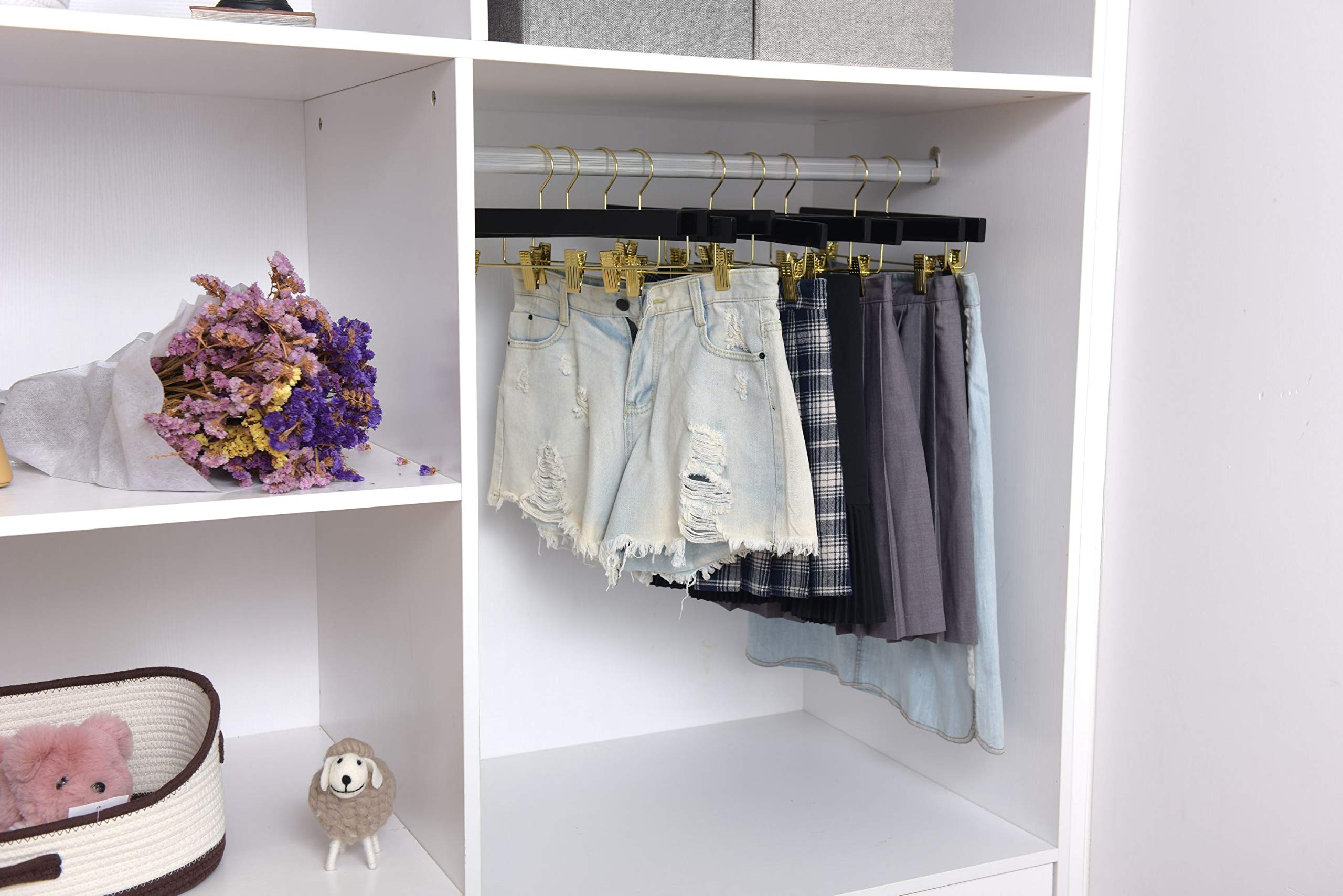 Quality Hangers Black Wooden Pants Hangers - 10-Pack Swivel Hook Cloth Hanger Set - Lotus Wood Skirt, Pant, Shorts And Slack Han