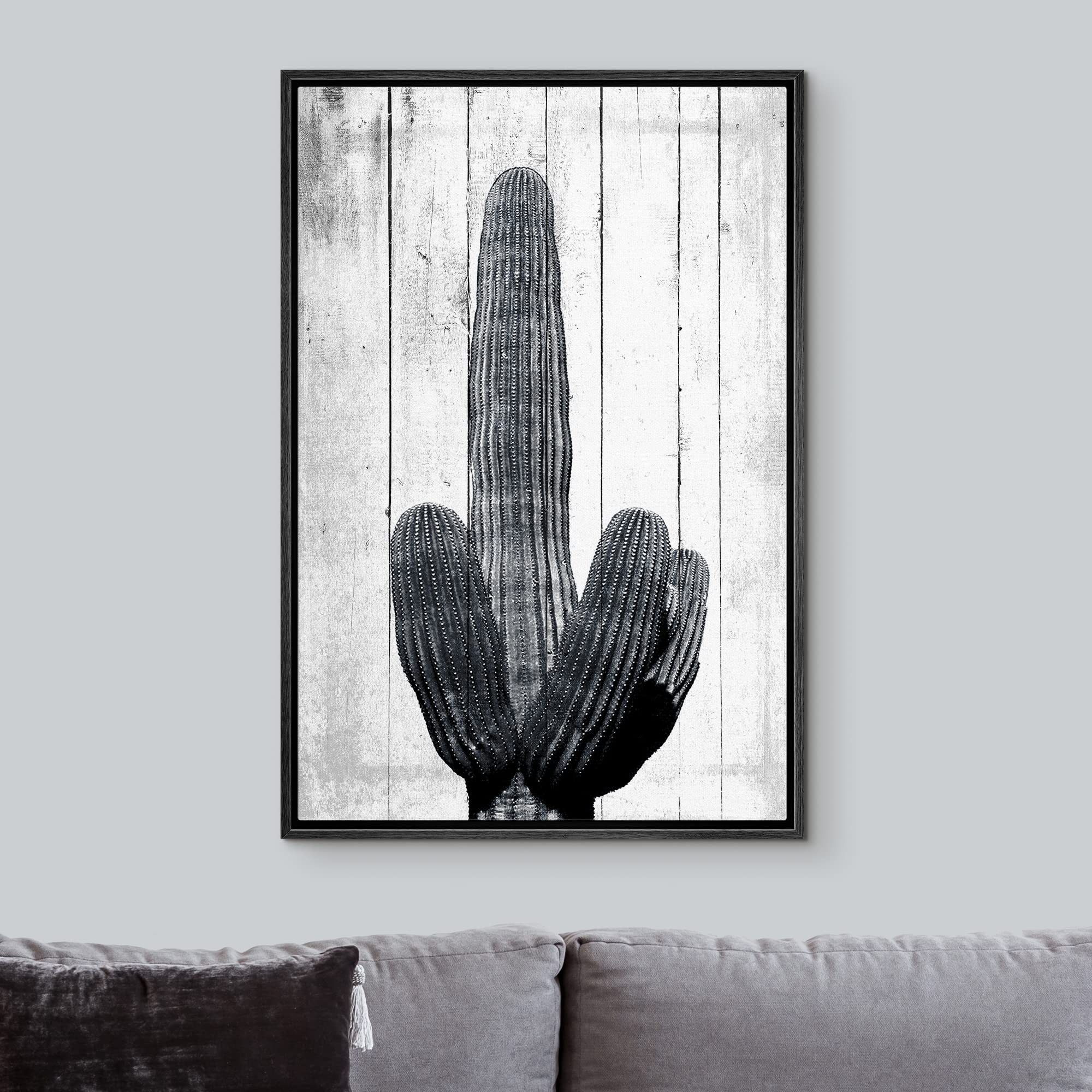NWT Framed Canvas Print Wall Art Detailed Desert Cactus on Wood Panels Floral Plants Illustrations Modern Art Rustic Dark Black and White for Living Room  Bedroom  Office - 16''x24'' Black