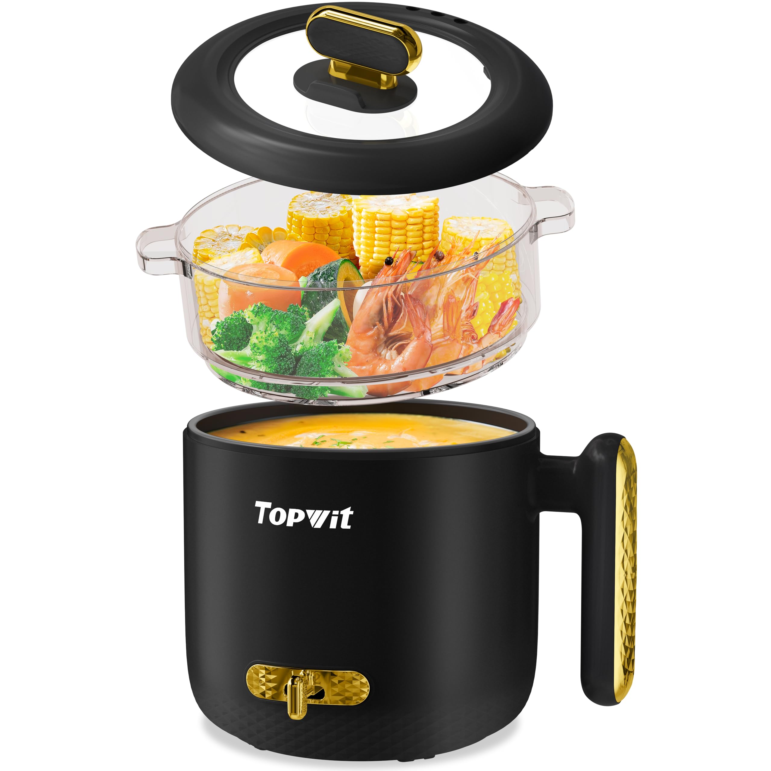 TOPWIT 1.8L Electric Hot Pot with Steamer, Ramen Cooker with Dual Power
