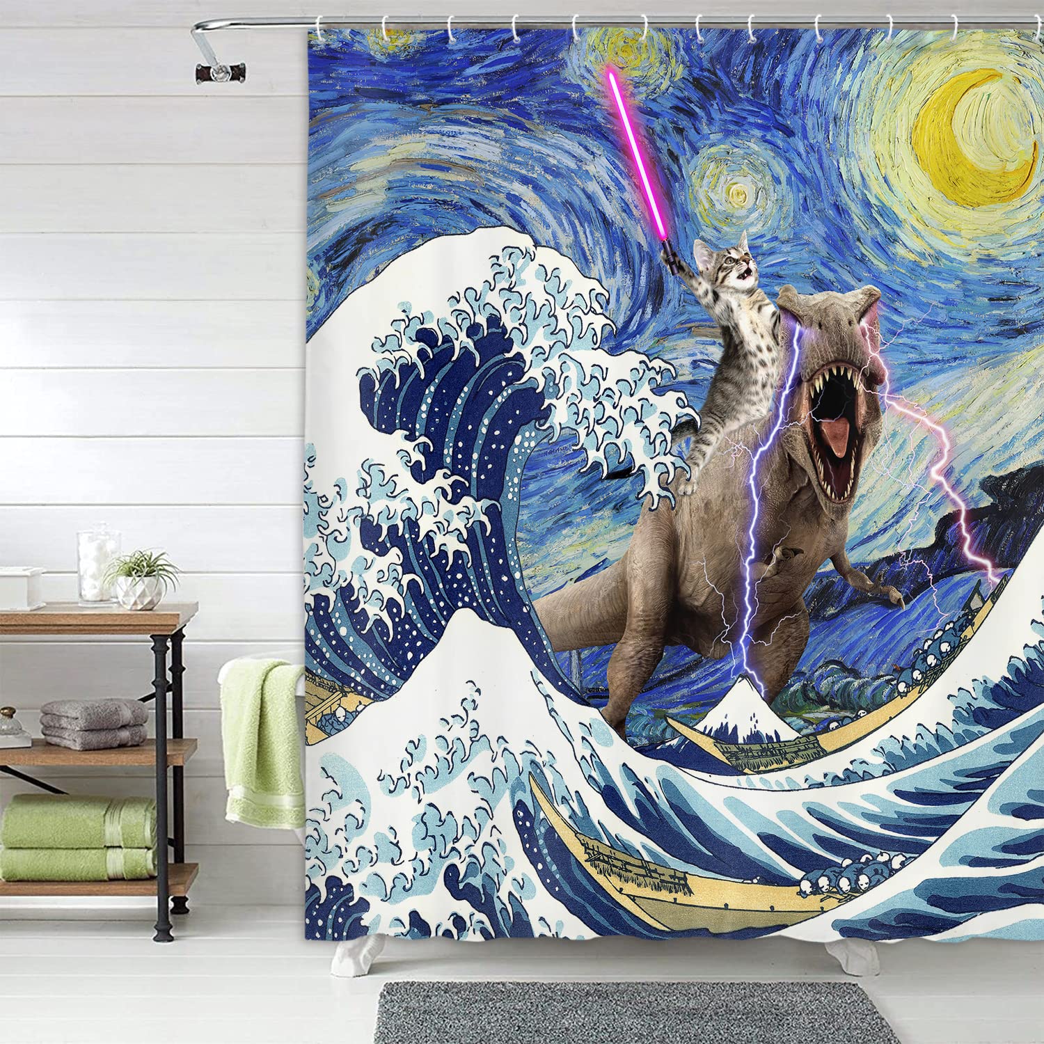 Xguatan Funny Cat Dinosaur Shower Curtain, Cool Cats Ride Dinosaur On Blue Teal Ocean Shower Curtain Set, Underwater Animal Fish