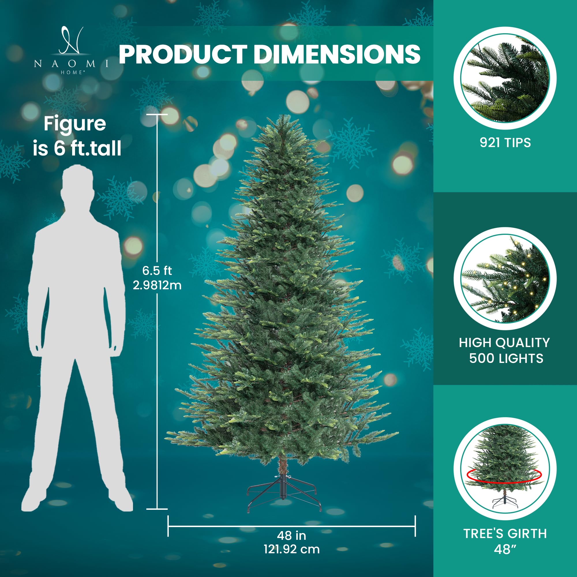 Naomi Home Lujan 9ft Prelit Aritificial Christmas Tree with 2106 Branch Tips, 1100 Warm Lights and Metal Stand, 61 Wide Realisti