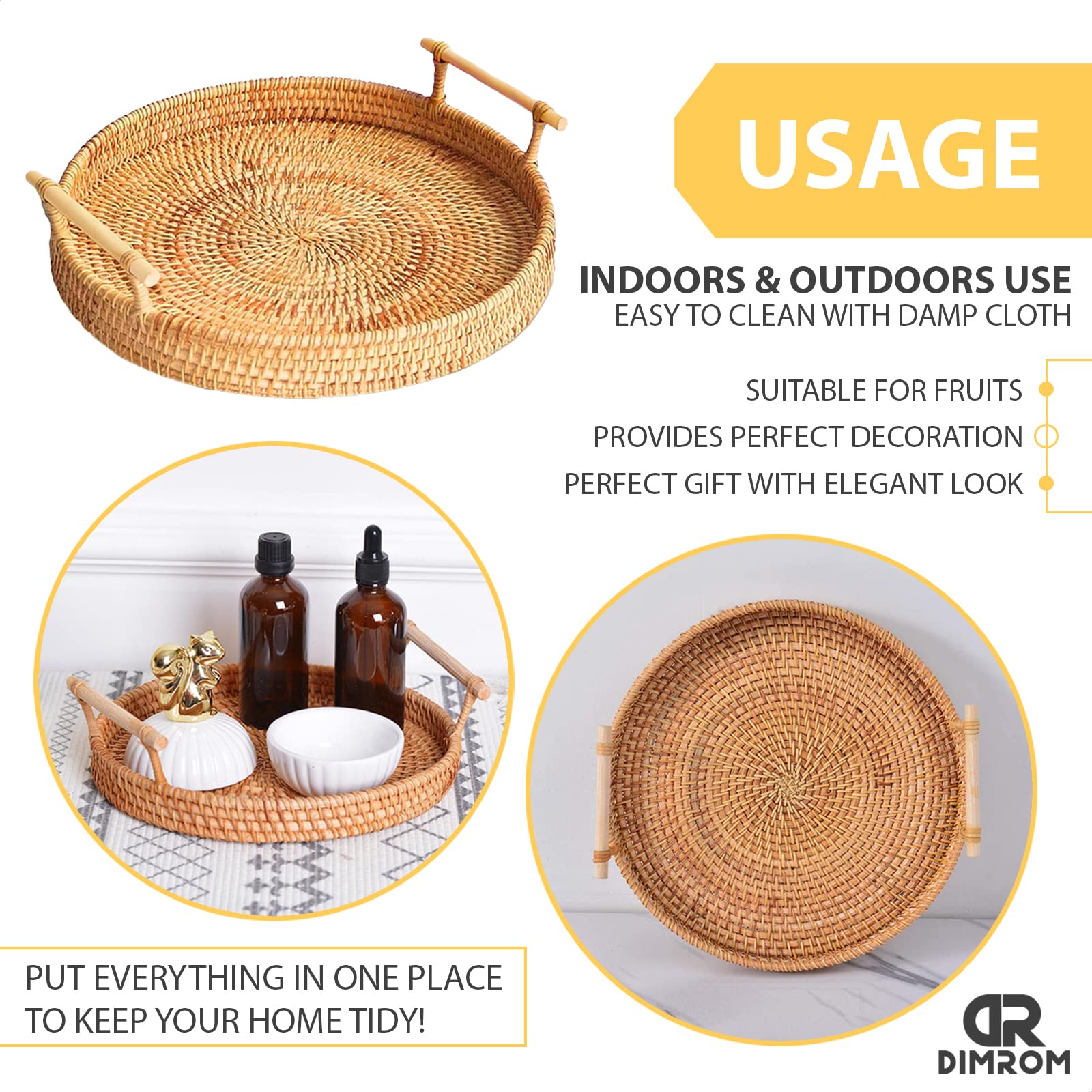 Rattan Tray 8.7-Inch Round Serving Tray Decorative Trays For Coffee Table Decorative Tray | Woven Tray For Bread, Wicker Tray Co