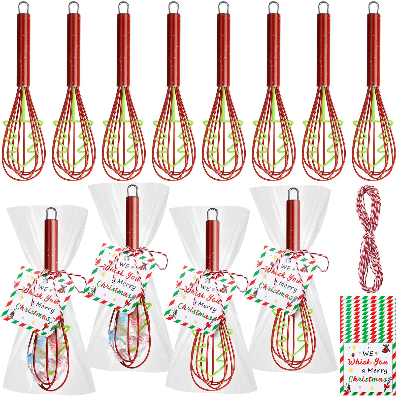 Lemonroad 12 Sets Christmas Whisk Baking Supplies Gifts Sets Includes Silicone Xmas Tree Shaped Whisk Greeting Cards Plastic Bag