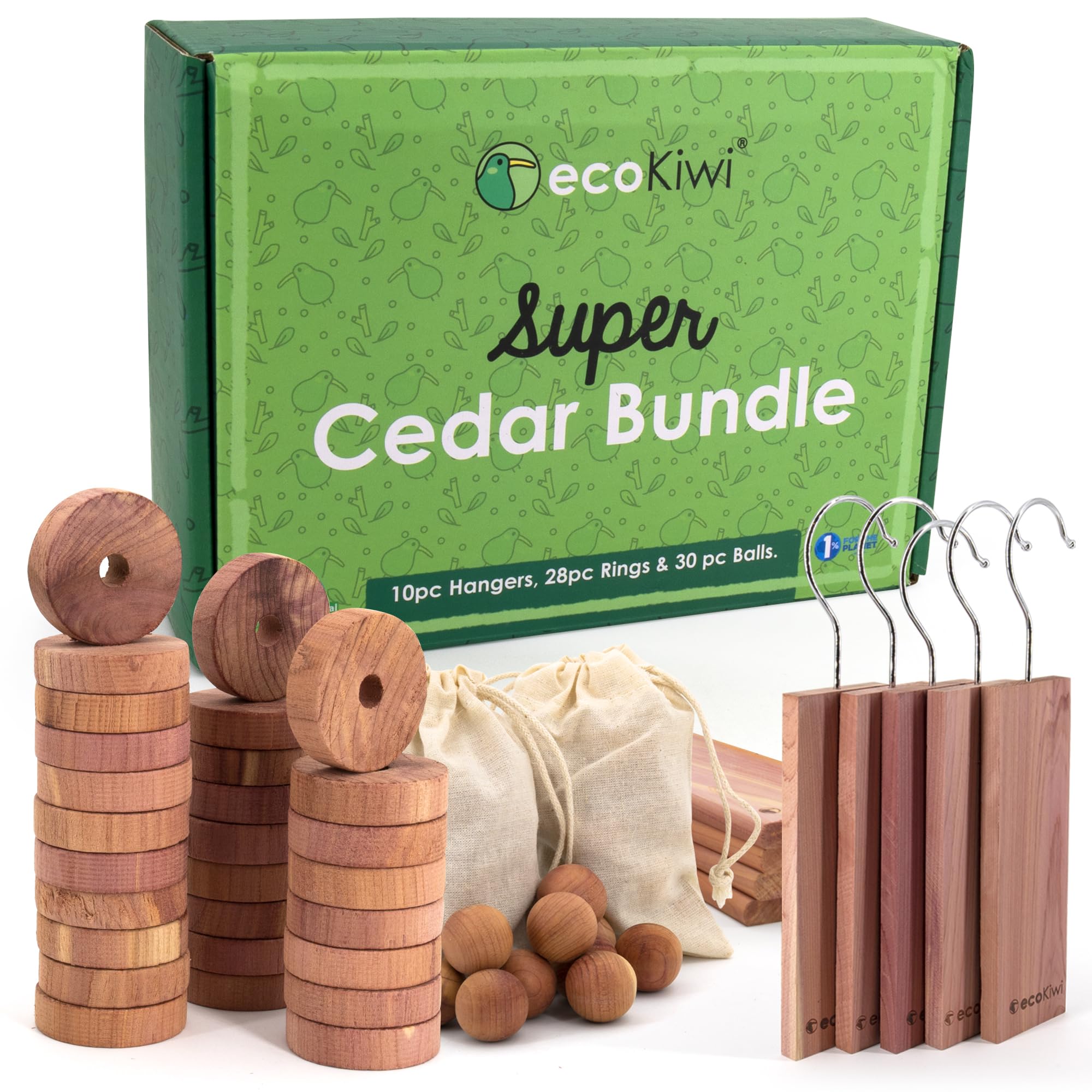 Ecokiwi Cedar Blocks For Clothes Storage Super Bundle Box - Cedar Hangers X10, Balls X30 & Rings X28-100% Natural Oil Planks & C