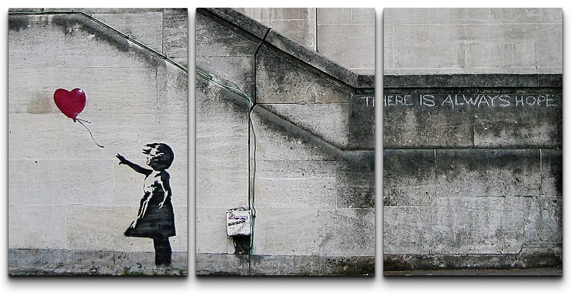 Wall26 - 3 Piece Canvas Wall Art - There Is Always Hope - Girl And Red Heart Balloon - Street Art - Guerilla - Modern Home Art S