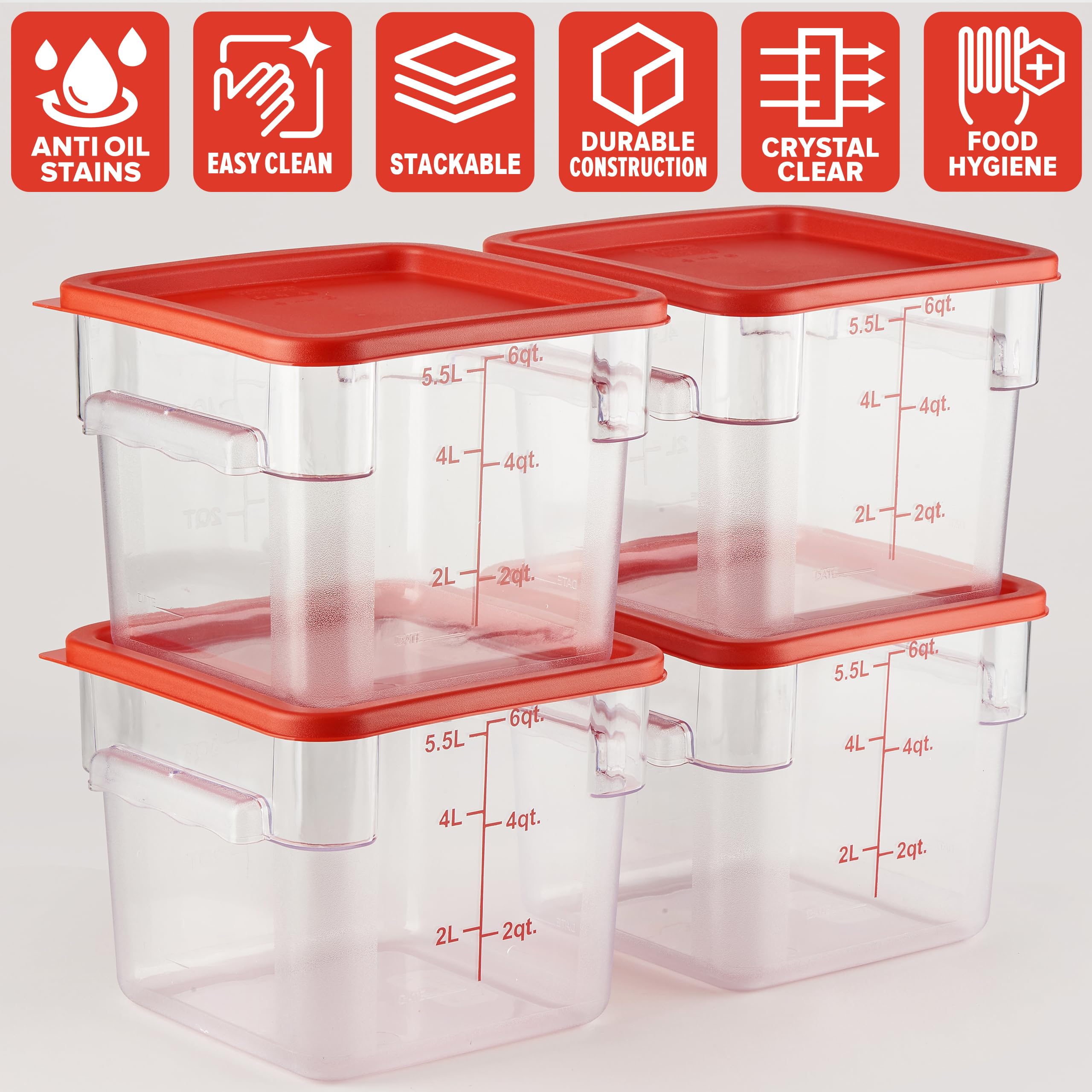 Curta 4 Pack Food Storage Container With Red Lid - Nsf Commercial Grade In 6.0 Qt - Square, Clear, Polycarbonate