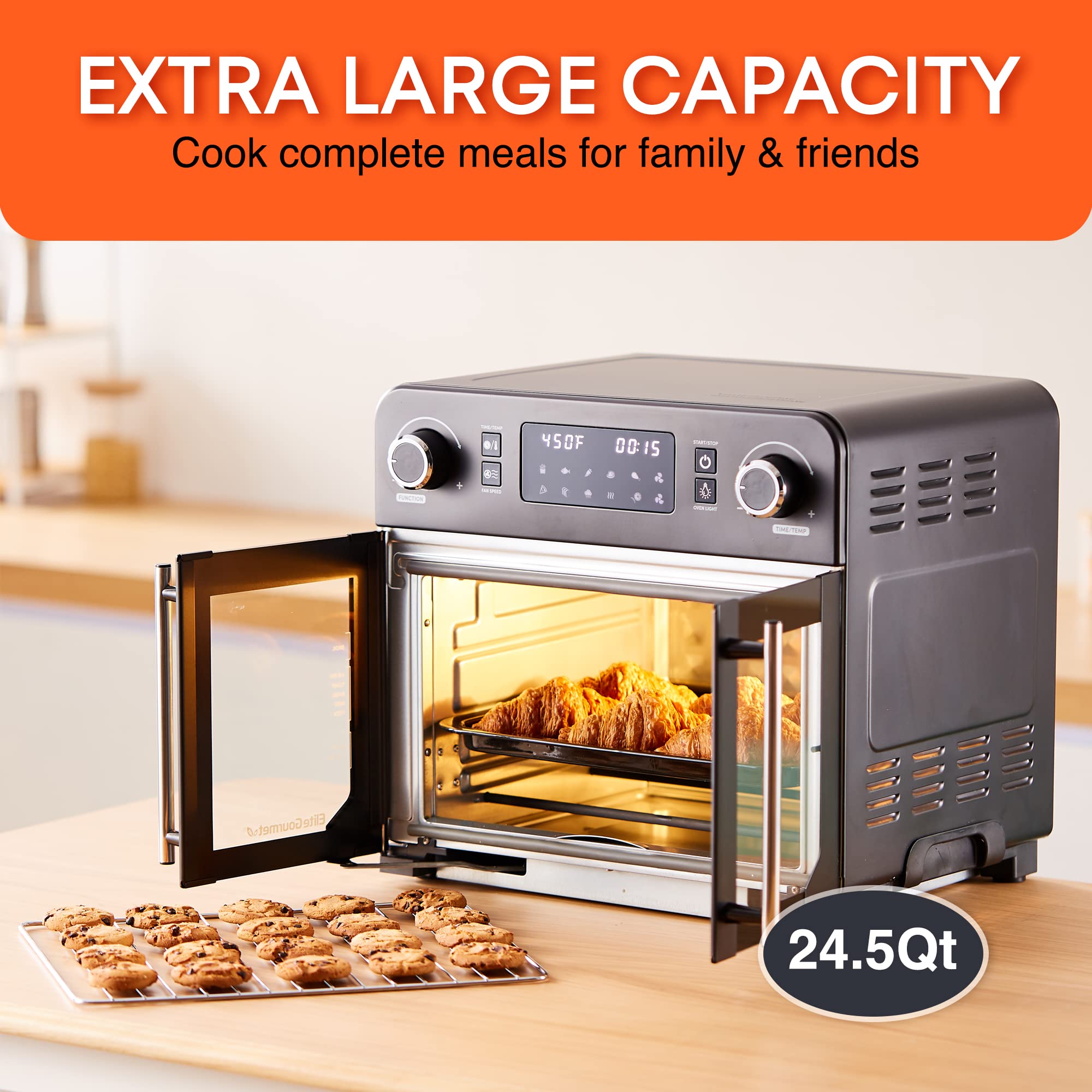 Elite Gourmet Eaf9010B All Steel Exterior, 245Qt French Door Air Fryer Convection Countertop Oven, 12 Pizza Extra Large Capacity