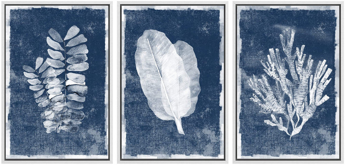 Signwin Framed Canvas Print Wall Art Set Blue White Forest, Jungle, Ocean Plants Nature Wilderness Wood Panels Modern Art Rustic