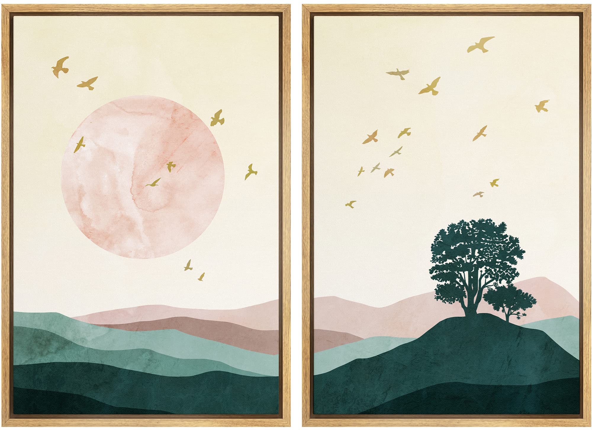 Mudecor Framed Wall Art Print Set Gold Birds And Pink & Green Gradient Mountain Landscape Nature Wilderness Illustrations Modern