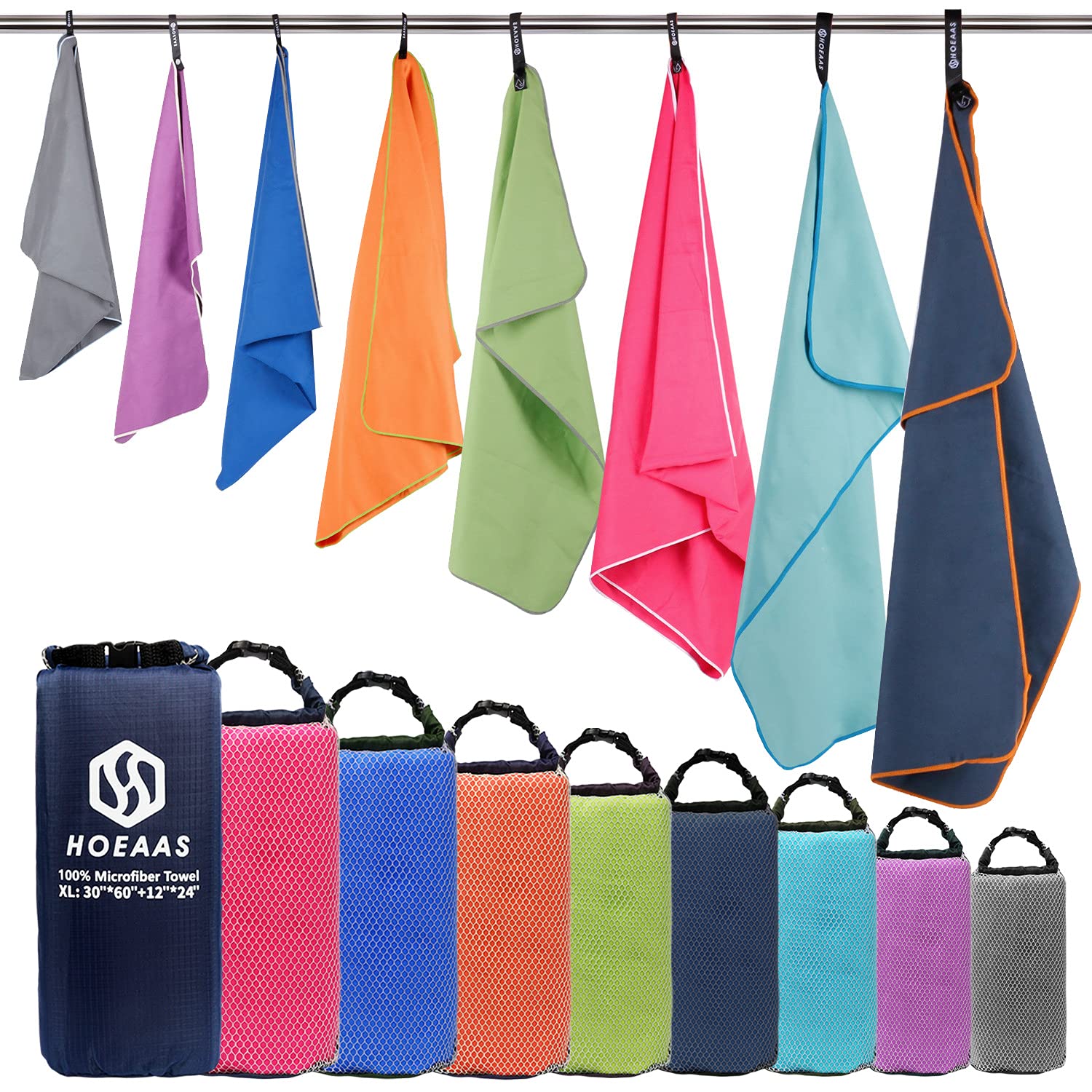 Hoeaas 2 Pack Microfiber Camping Towels, Quick Dry Towel, Super Absorbent Ultra Compact Travel Towel Soft Lightweight Sports Tow