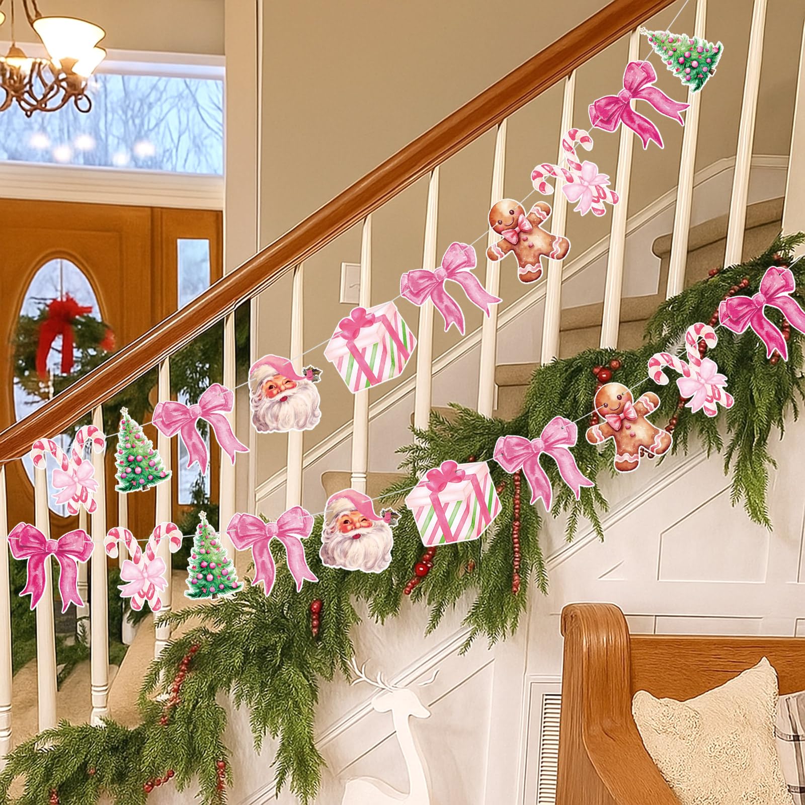 Oudain 2 Pack Pink Christmas Paper Garland 6.56 ft Christmas Tree Santa Gingerbread Man Candy Cane Pink Bow Hanging Bunting Bann