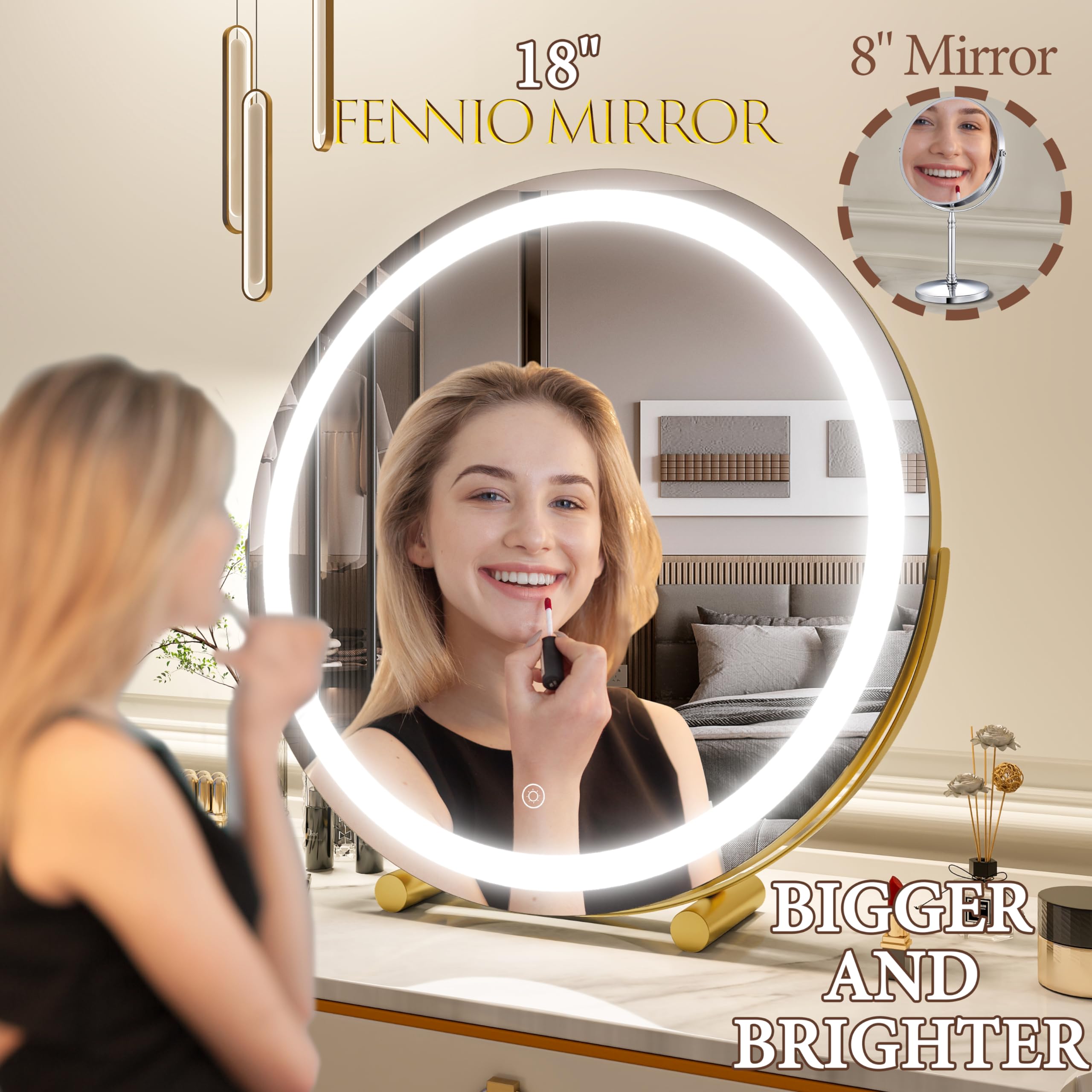 Fennio Vanity Mirror With Lights, 13 Inch Cob Led Lighted Makeup Mirror, Round Makeup Mirror With Lights With 3-Color Lighting,