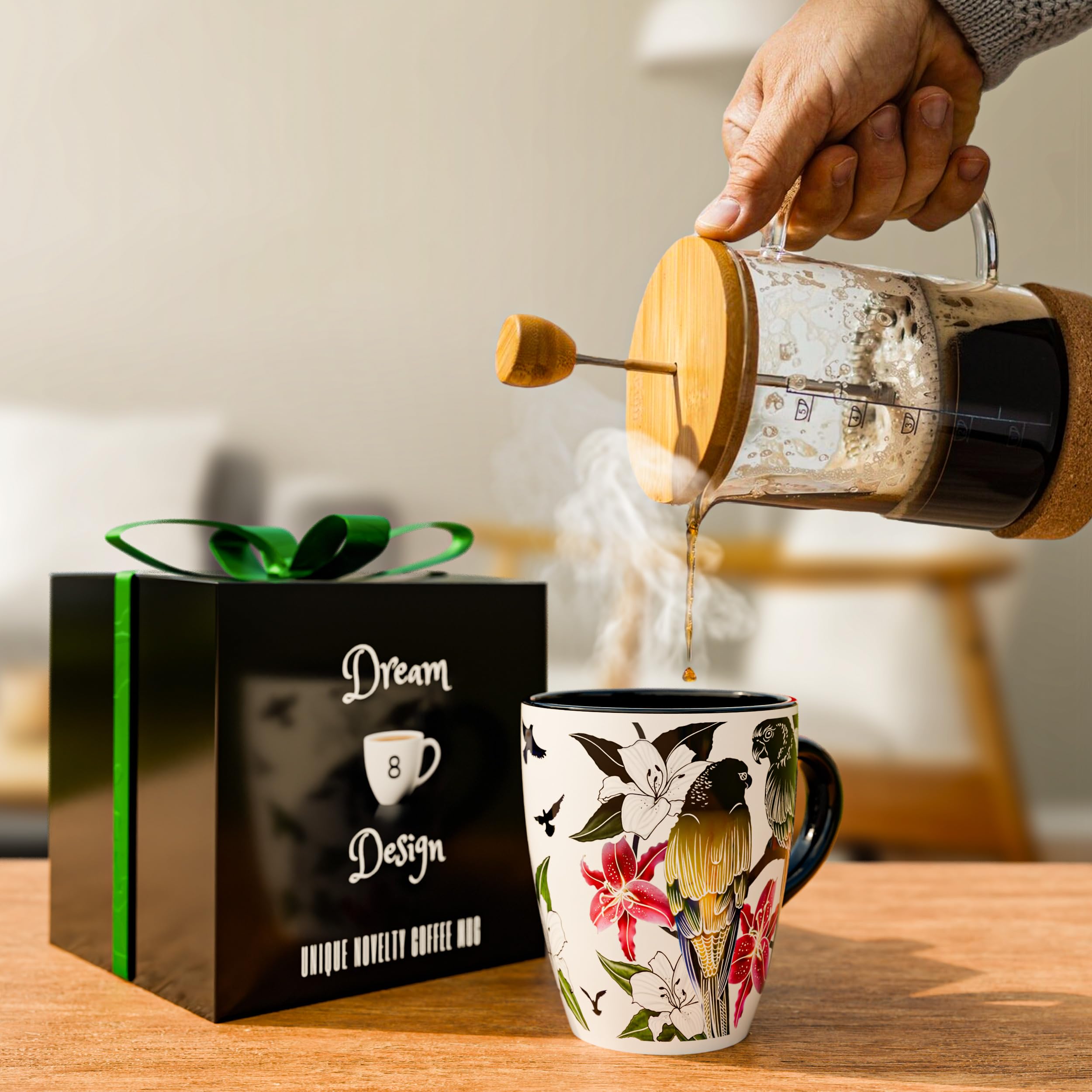 Color Changing Bird Coffee Mug 12oz - Heat Sensitive Ceramic Cup with Floral Reveal - Gifts for Bird Lovers, Unique Coffee Mugs