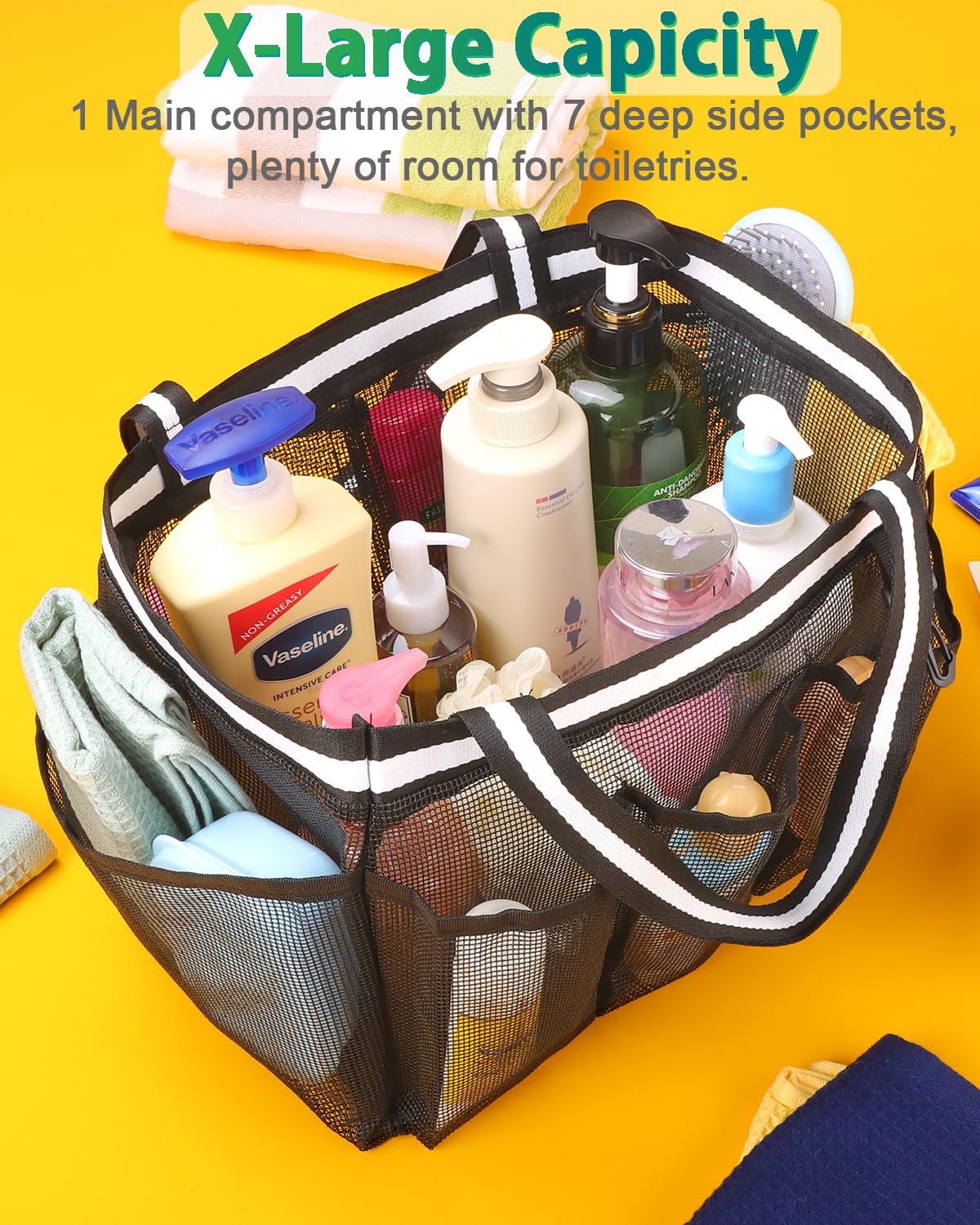 Ocim XL Portable Shower Caddy Basket - Mesh Shower Tote Bag for Travel College Dorm Gym Camping - Black