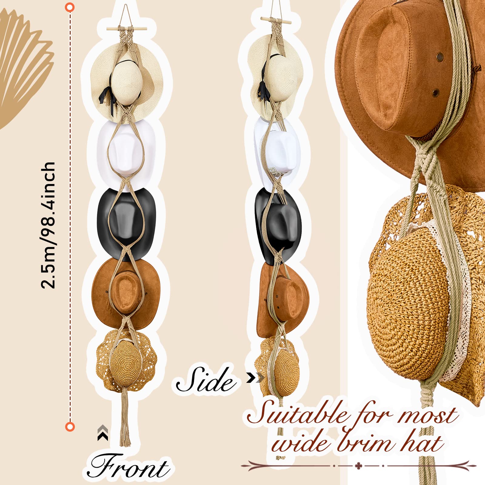 Yulejo Macrame Hat Hangers Boho Hat Rack Cowboy Hat Hanger Back Of Door Hat Organizer (Beige,Five Hats Style)