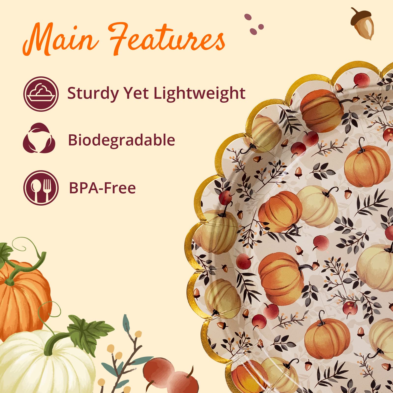 Confettiville Thanksgiving Paper Plates, 50-Count Fall-Themed Decorative Disposable Serving Plates, Cream, Gold Foil Scalloped E