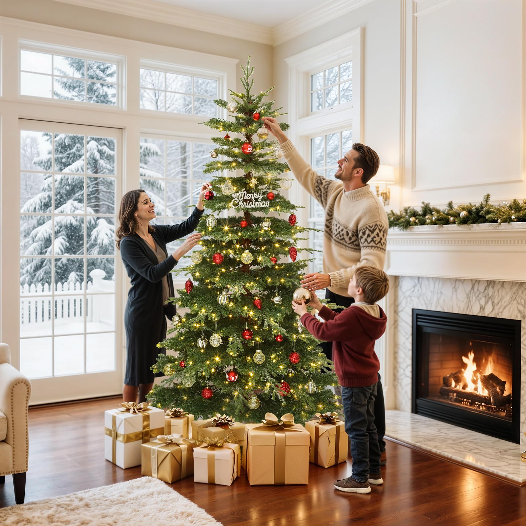 GOOBED Prelit Aspen Fir Christmas Tree 7.5ft with Remote Control, Pre-lit Hinged Xmas Tree with Glittering Diamond Tips, Holiday
