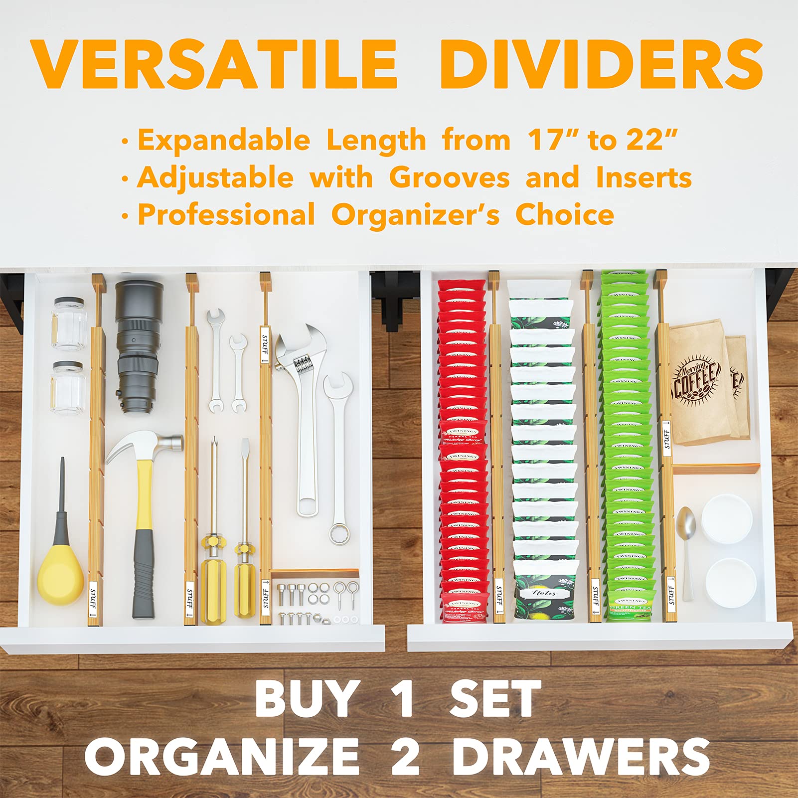 SpaceAid Bamboo Drawer Dividers with Inserts and Labels, Kitchen Adjustable Drawer Organizers, Expandable Organization for Home,