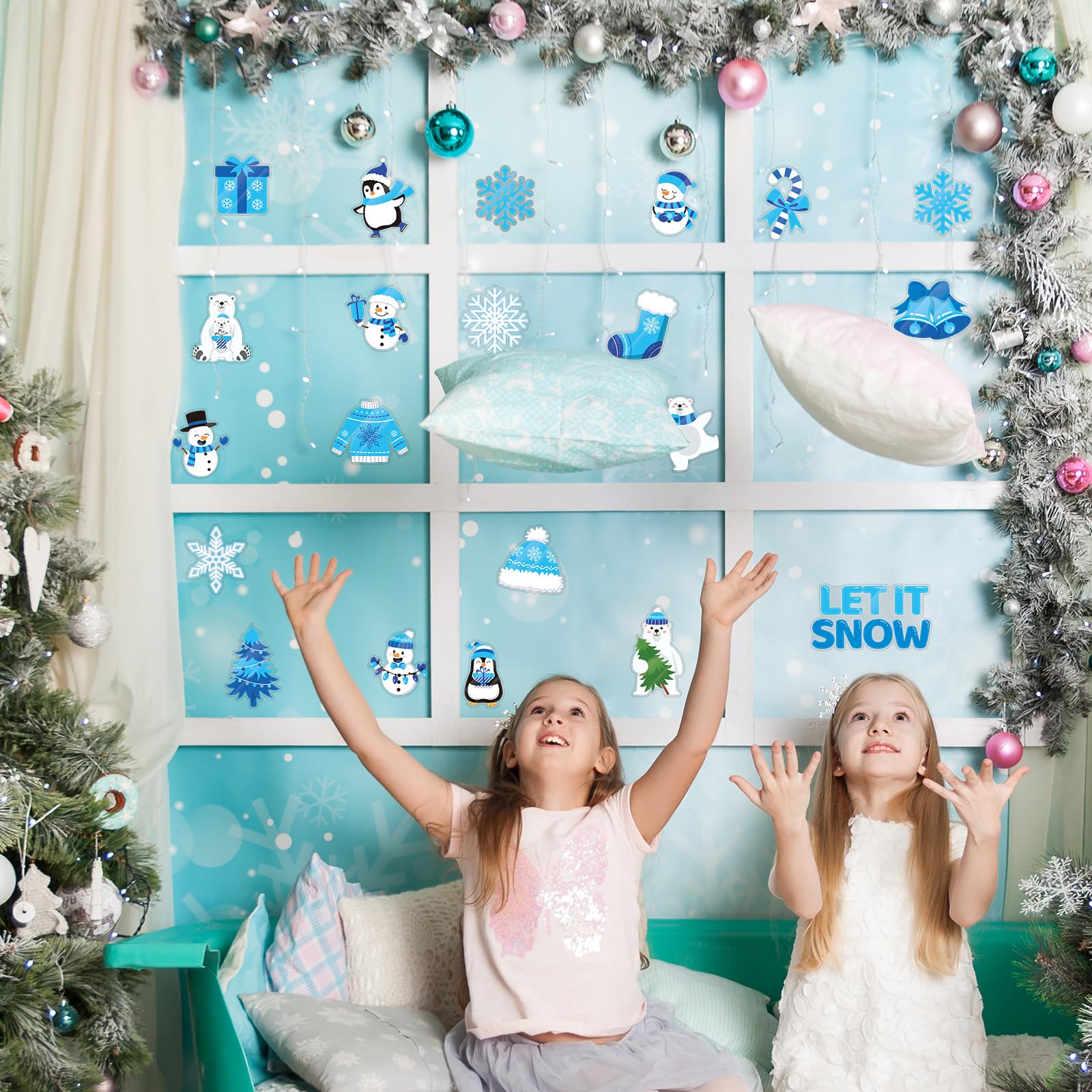 MARFOREVER 50 PCS Winter Gel Window Clings, Reusable Snowman Penguin Snowflake Thick Gel Clings Decals for Christmas Kids Gift T