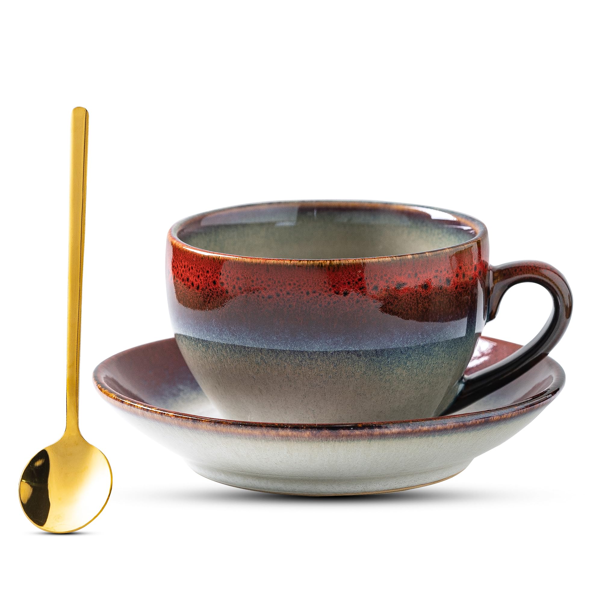 Tvvtuww Porcelain Coffee Cup with Saucer Spoon Set, Vintage Design Ceramic Latte Art Cappuccino Barista Espresso Tea Cup with Sa