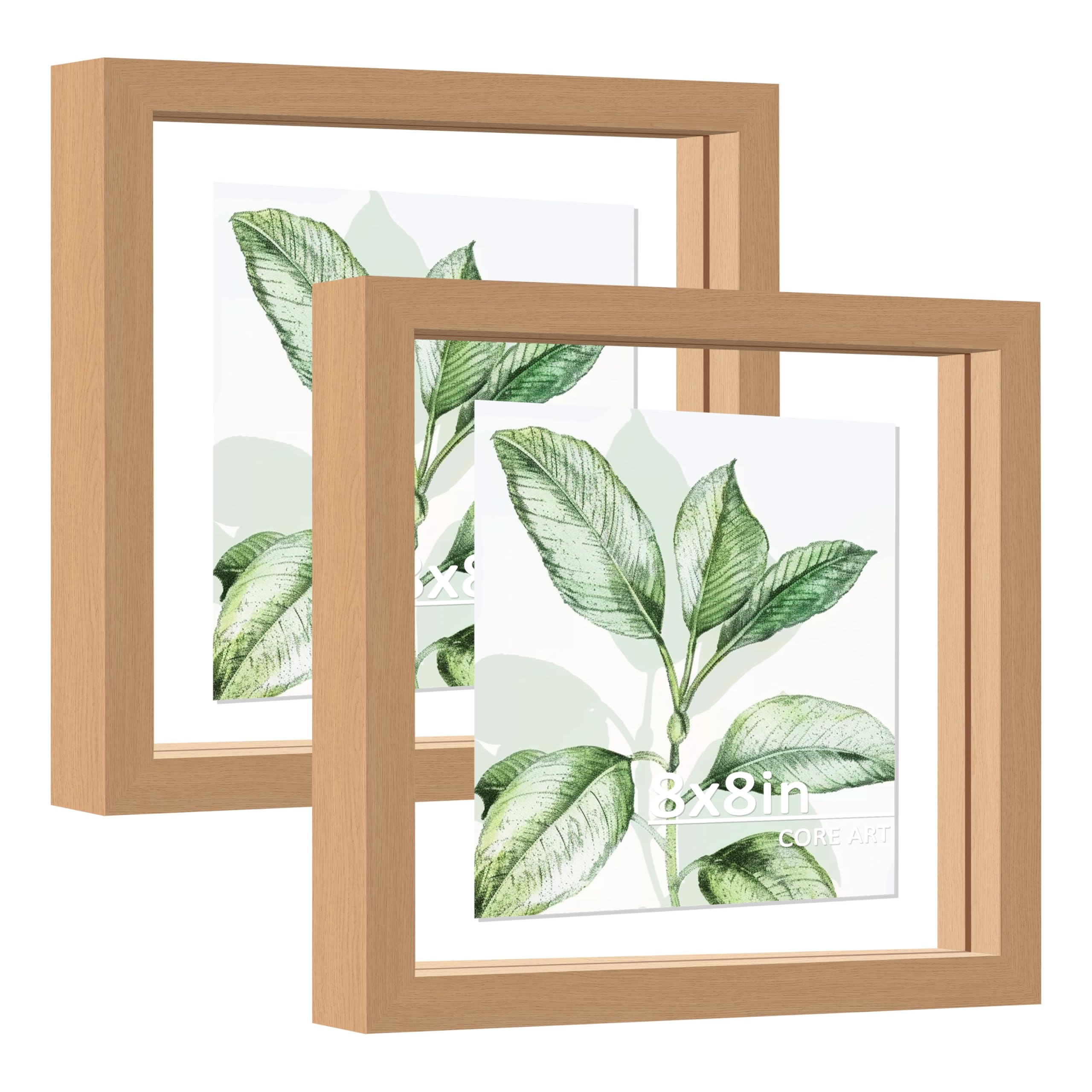 CORE ART 8x8 Floating Picture Frame Set of 2,Double Plexglass Floating Frame for 6x6,4x4 Pictures,Wall or Tabletop Display,Natur