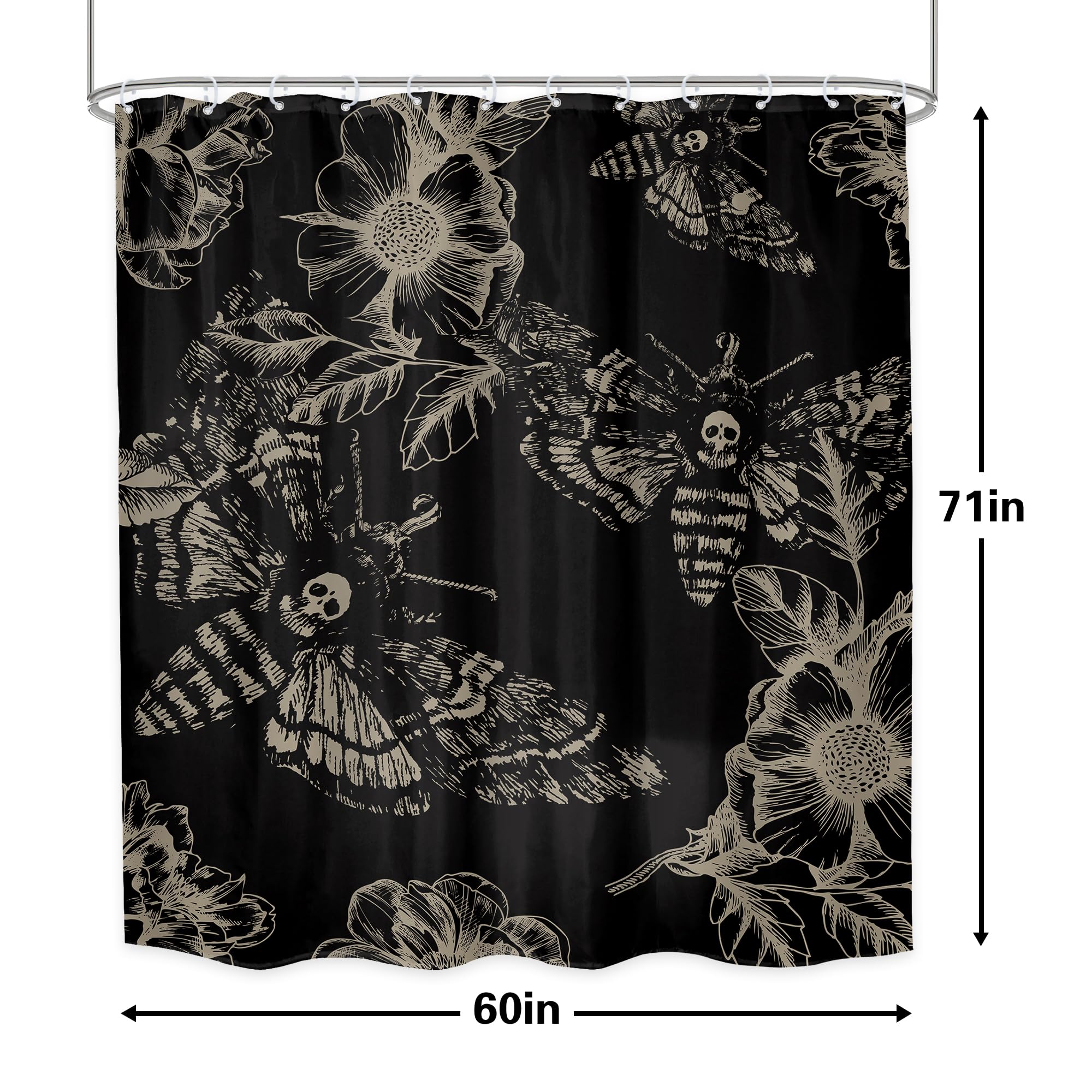 Lghtyro Gothic Skull Moth Shower Curtain Bathroom Set 60Wx71H Inches Witchy Scary Black Flower Death Head Botany Leaves Mysterio