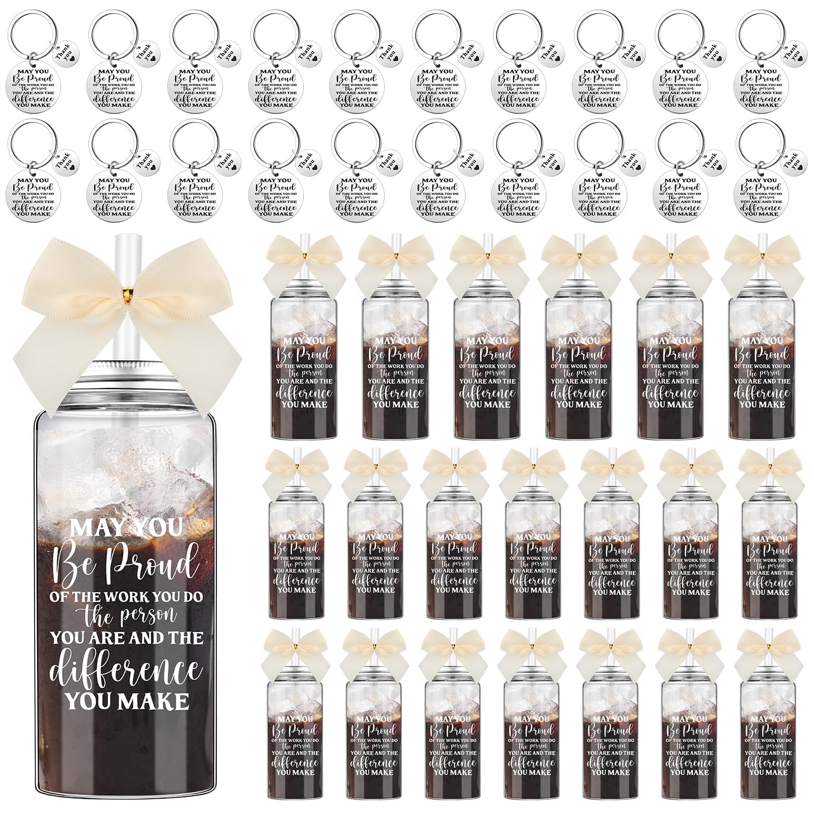Skylety 20 Pcs 20 Set Employee Team Appreciation Gifts Bulk 13.5 oz Plastic Cup with Lid Straw Keychain Graduation Teacher Birth