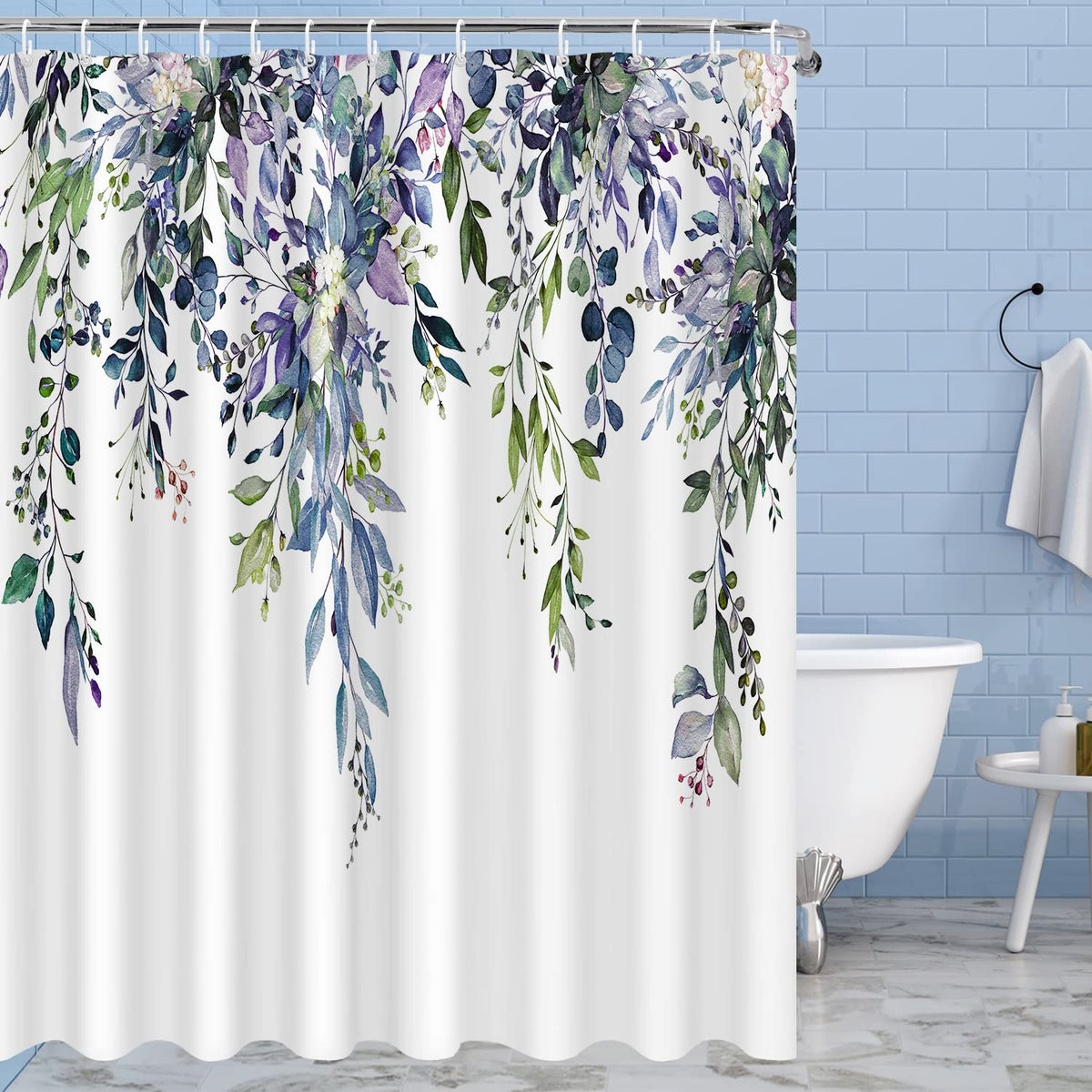 Nuseiis Extra Long Blue Purple Shower Curtain 72 X 84 Inch, Fabric Long Eucalyptus Leaves Shower Curtain, Watercolor Floral Plan