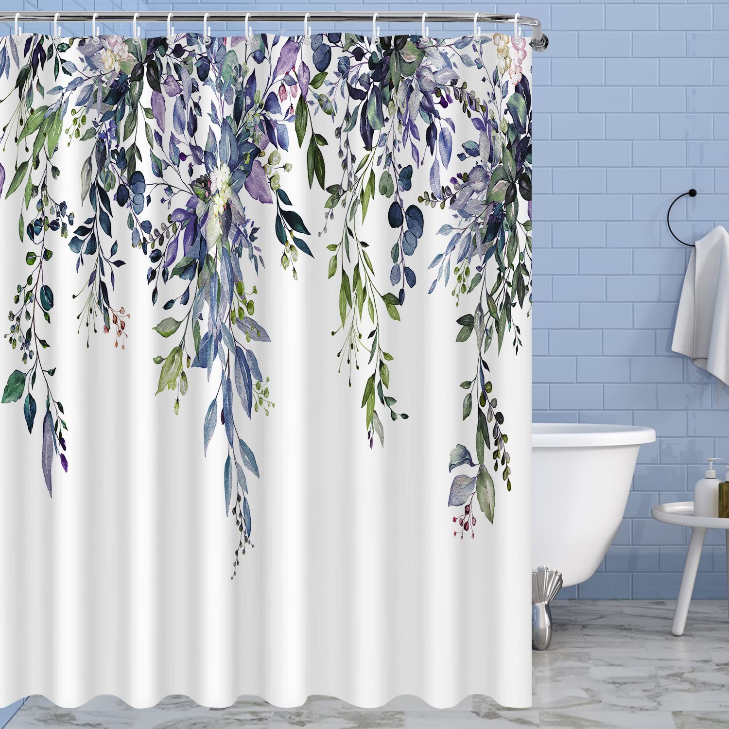 Nuseiis Blue Purple Eucalyptus Leaves Shower Curtains, Fabric Shower Curtain Modern Shower Curtain Sets, Stylish Floral Backgrou